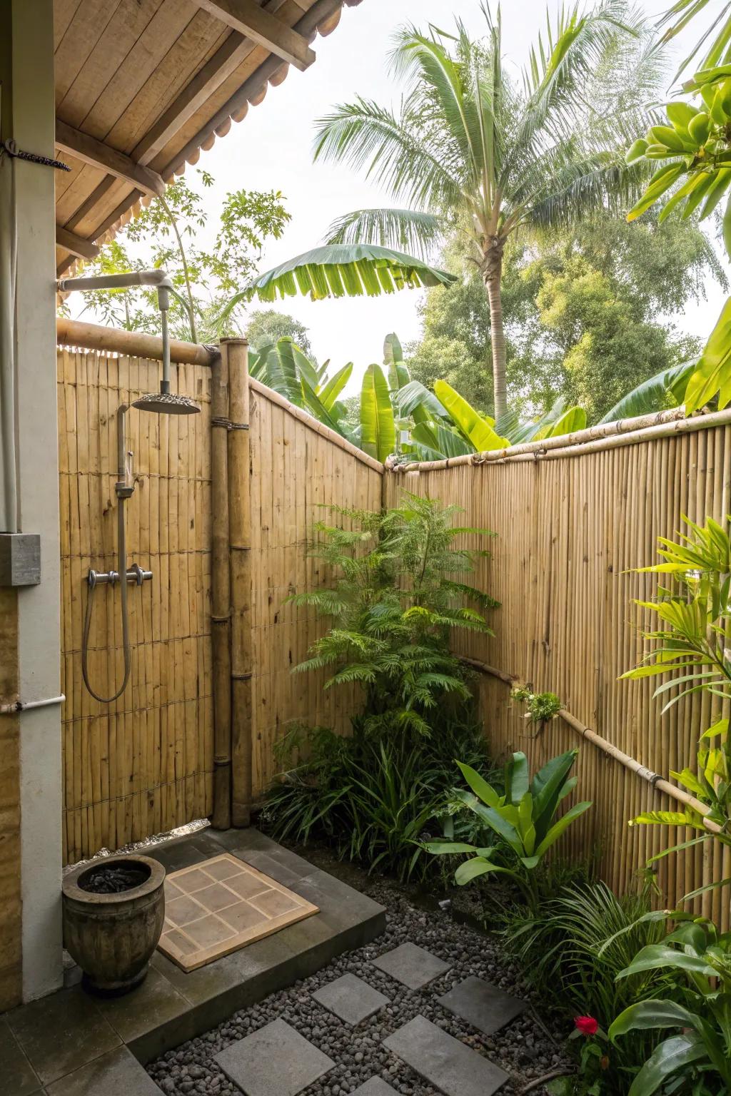 Enjoy a tropical escape with a bamboo-enclosed shower.