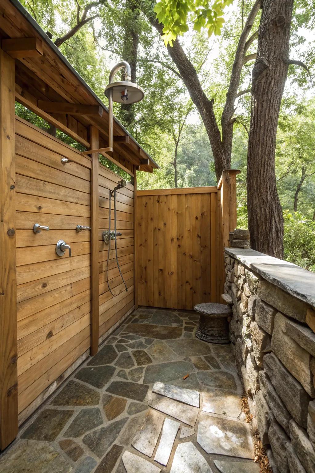 Create a rustic retreat with a wooden enclosure for your outdoor shower.