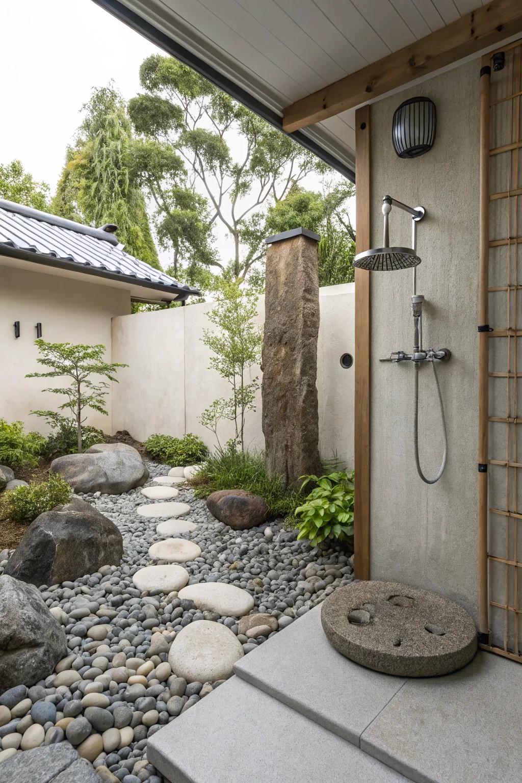 Find peace in a zen rock garden shower setup.