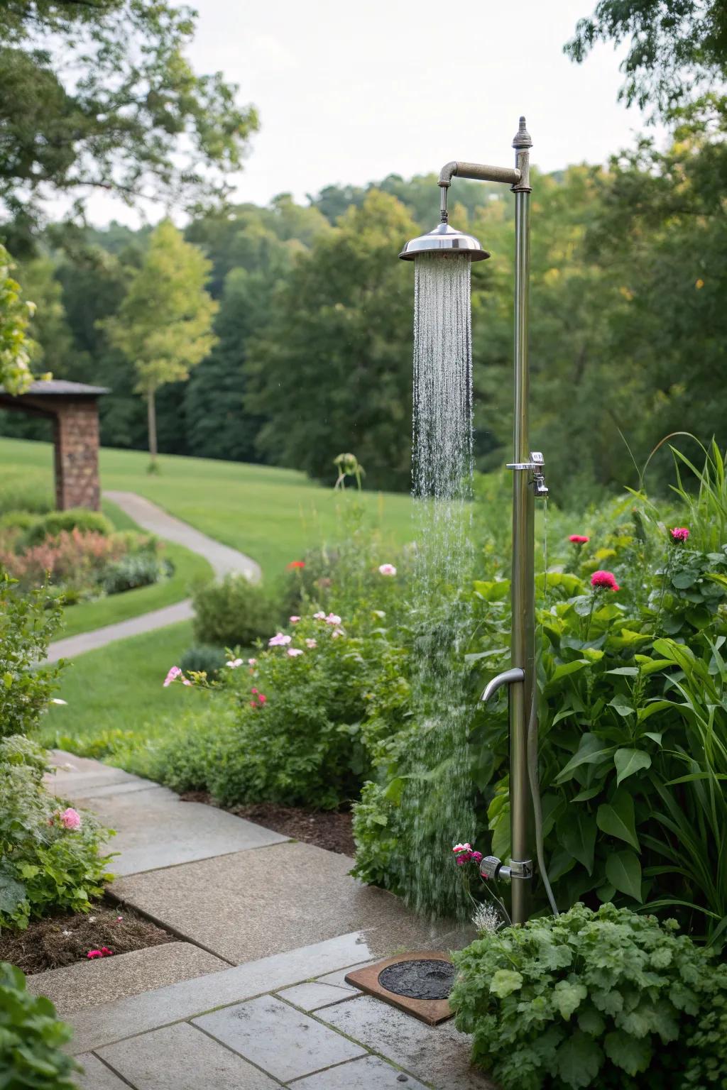 Compact and chic: a standalone shower tower for your garden.