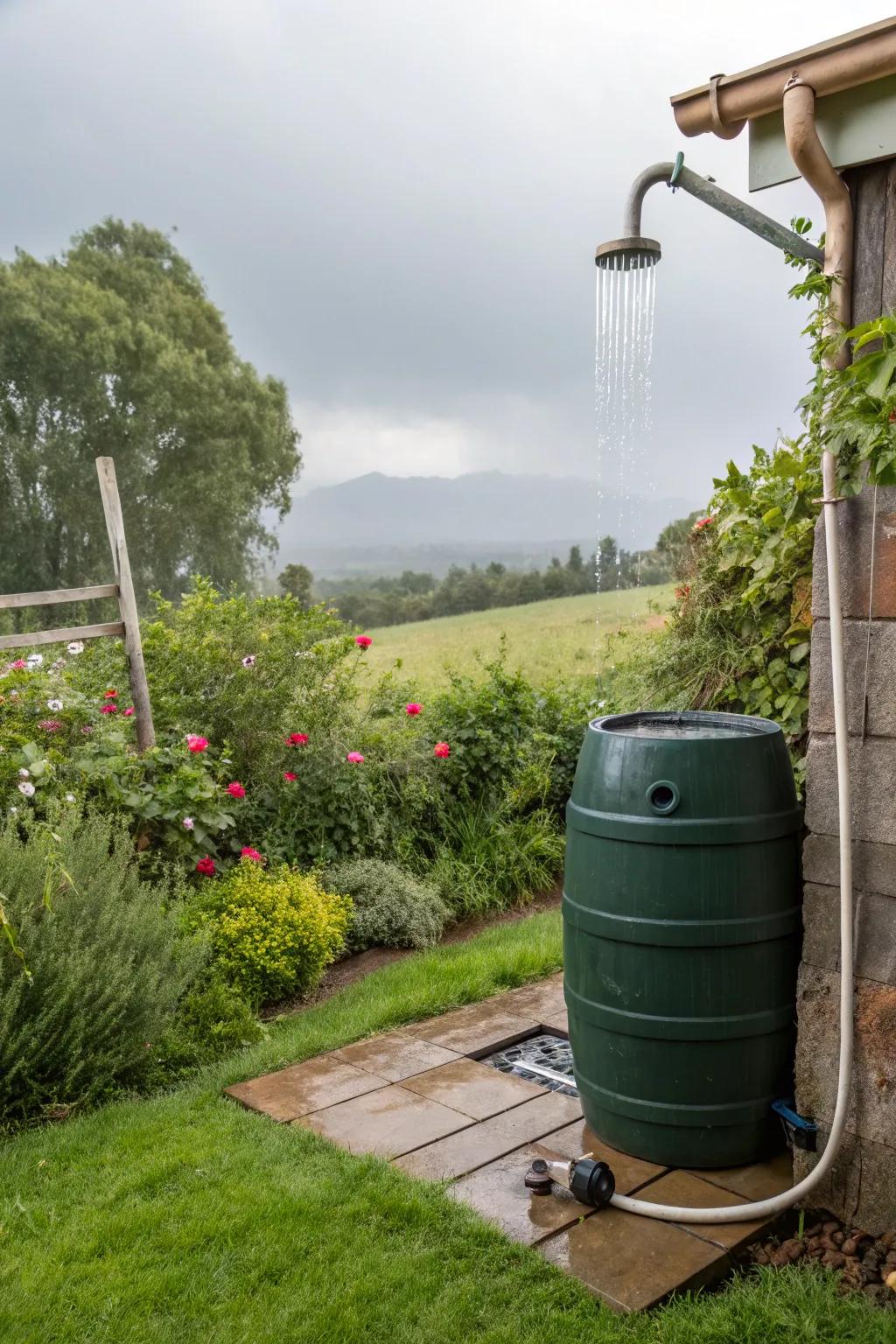 Sustainable showering with a rainwater collection system.