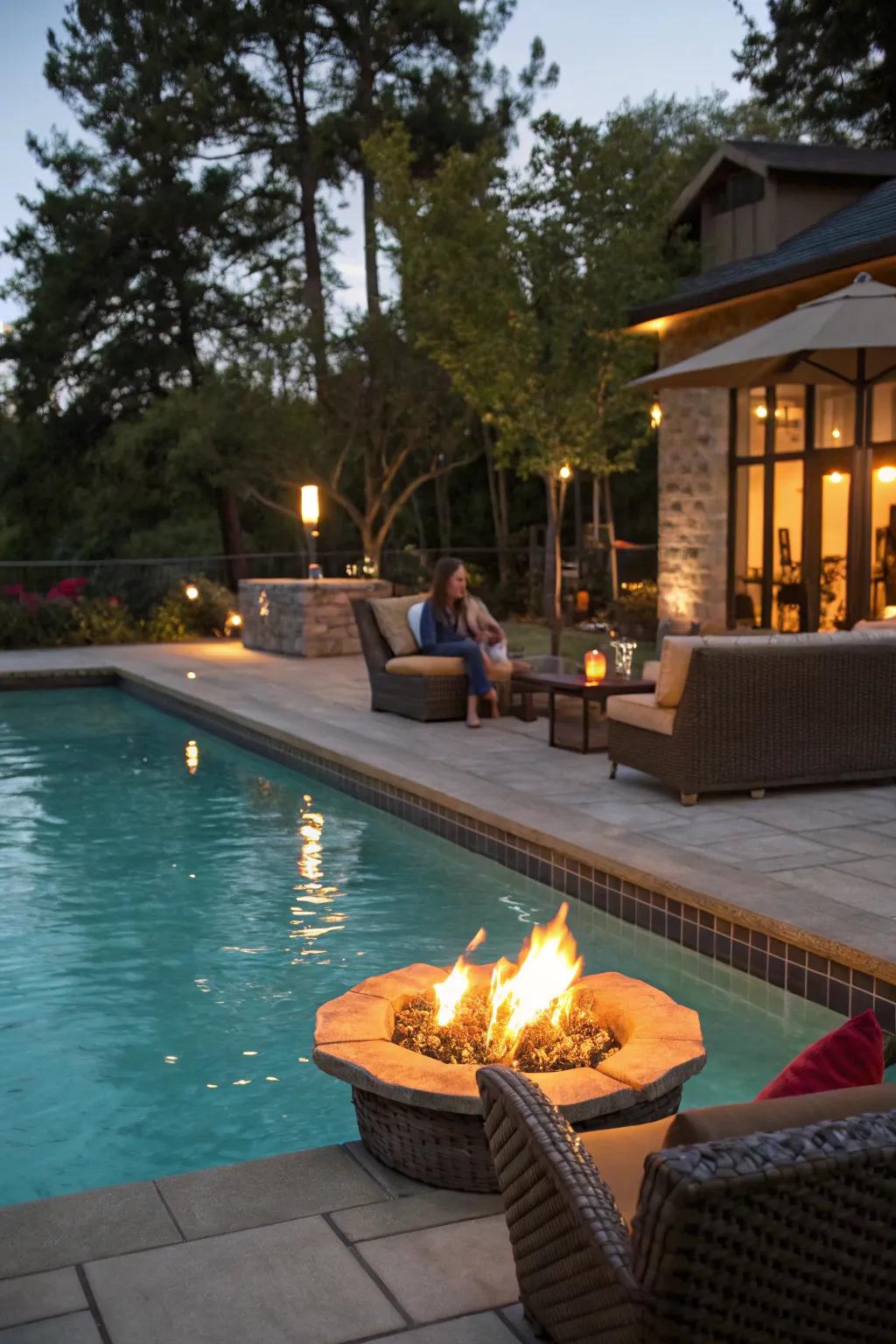 Cozy up with a poolside fire pit.
