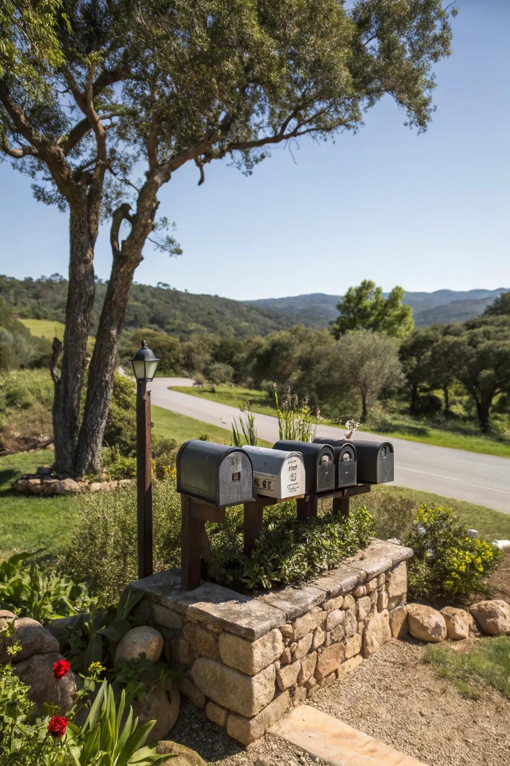 Elegance meets nature with a stone mailbox base.