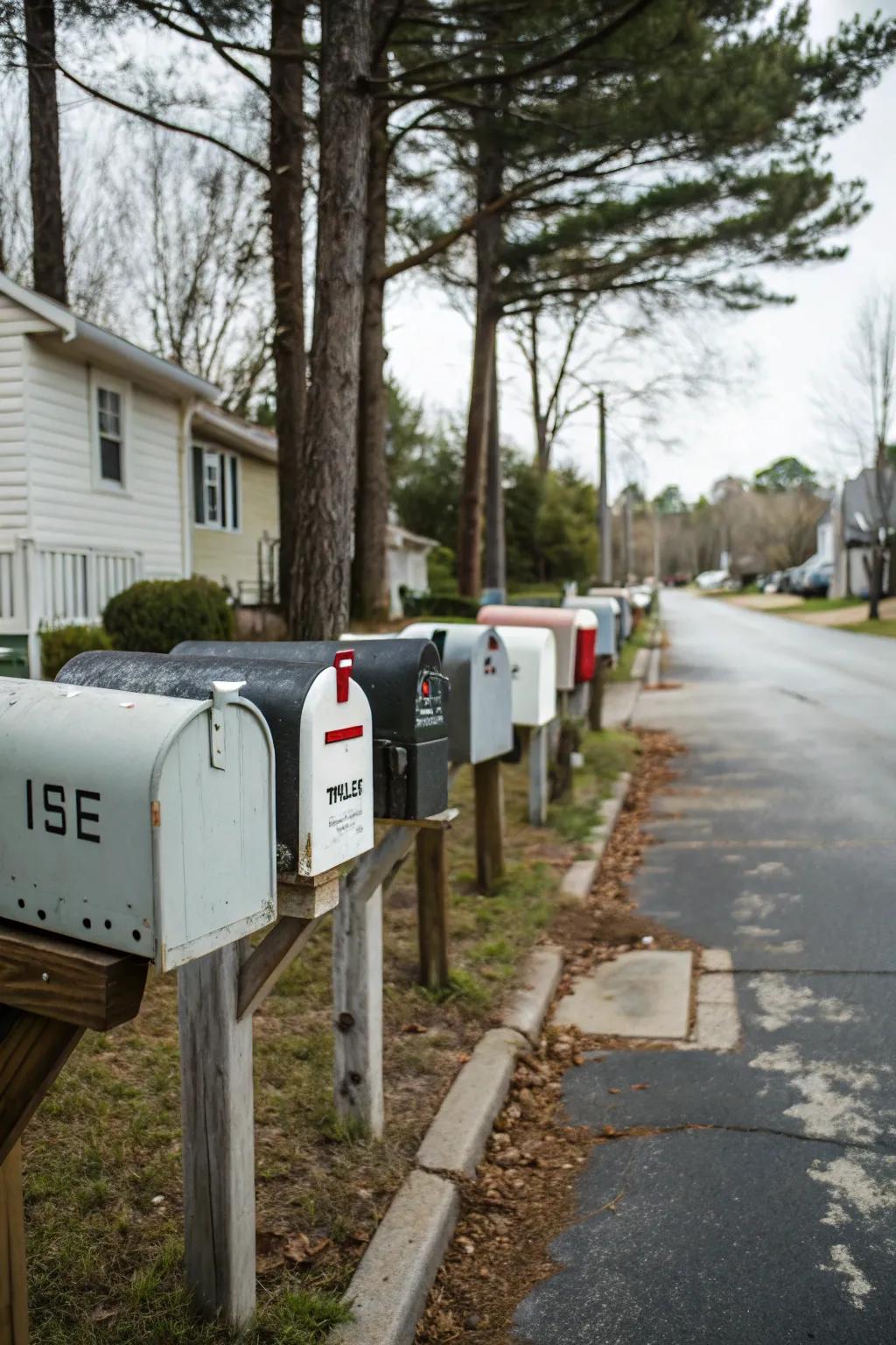 Space-saving and stylish clustered mailbox arrangement.
