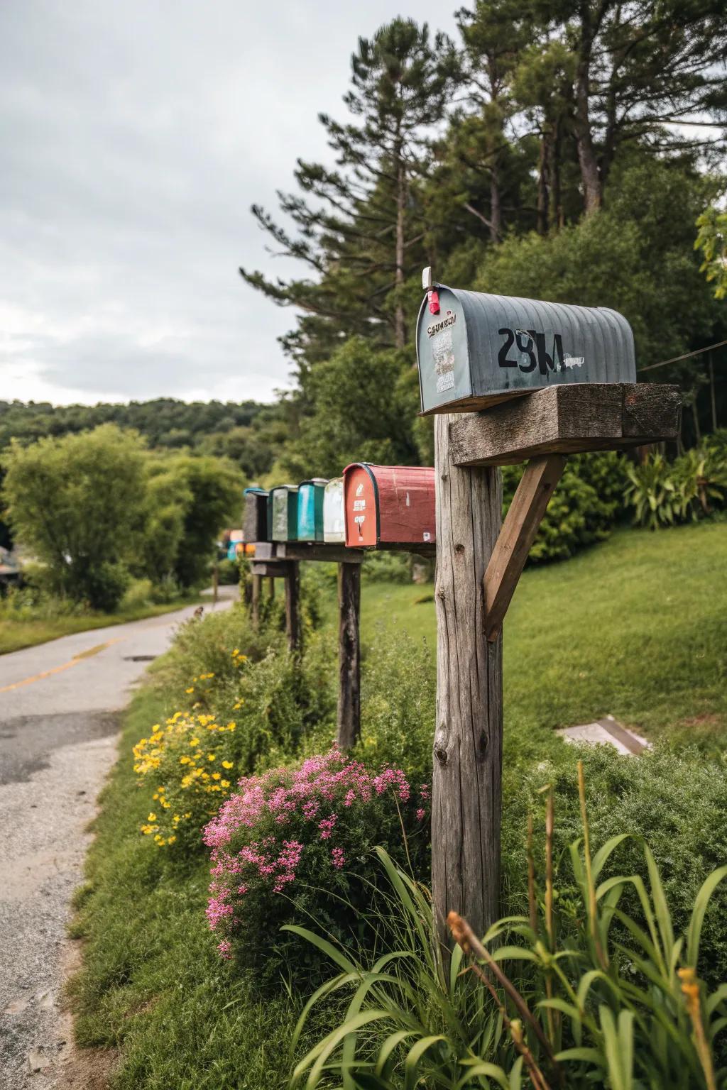 Rustic charm with wooden posts for group mailboxes.
