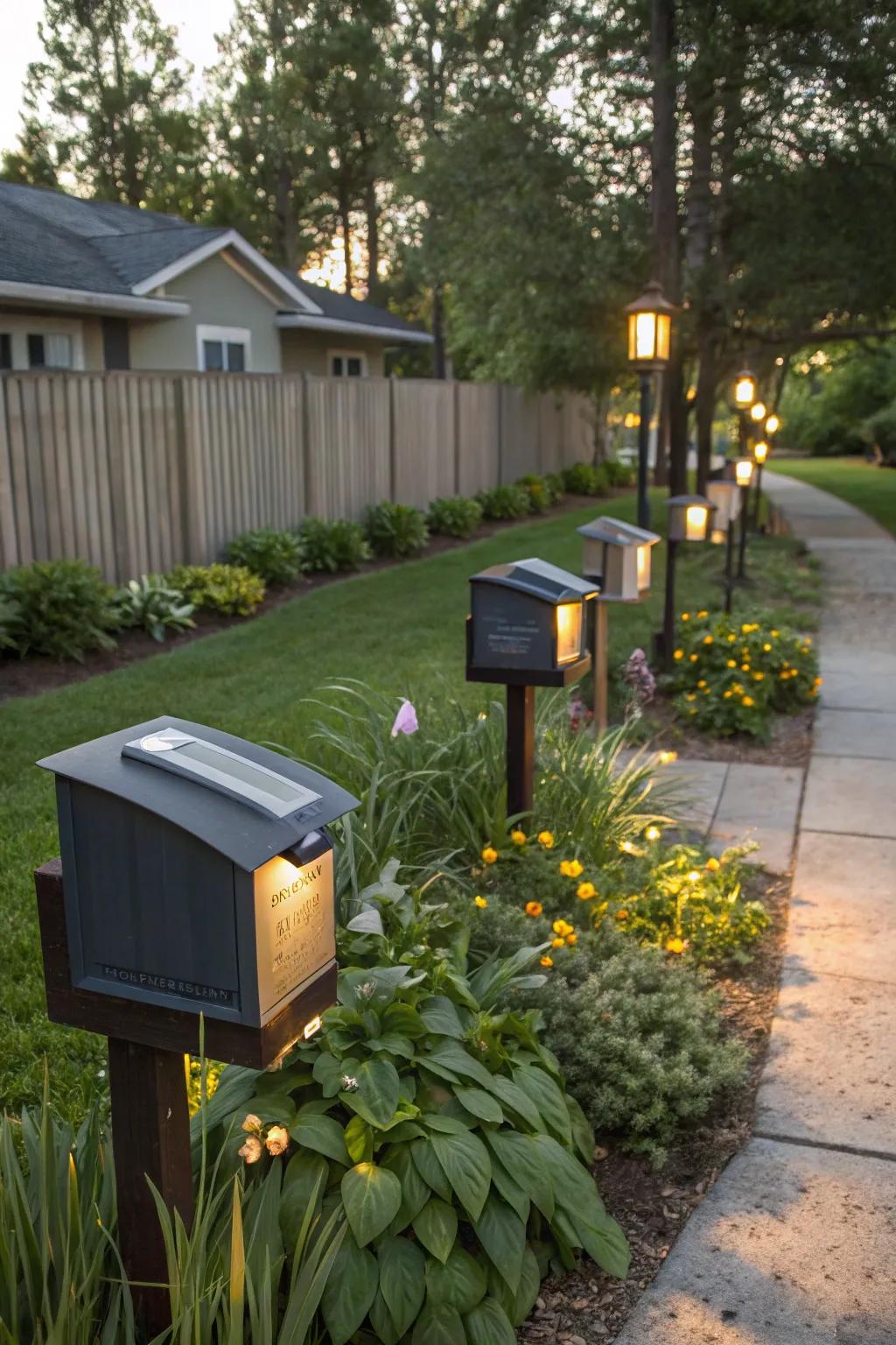Eco-friendly illumination with solar-powered mailboxes.