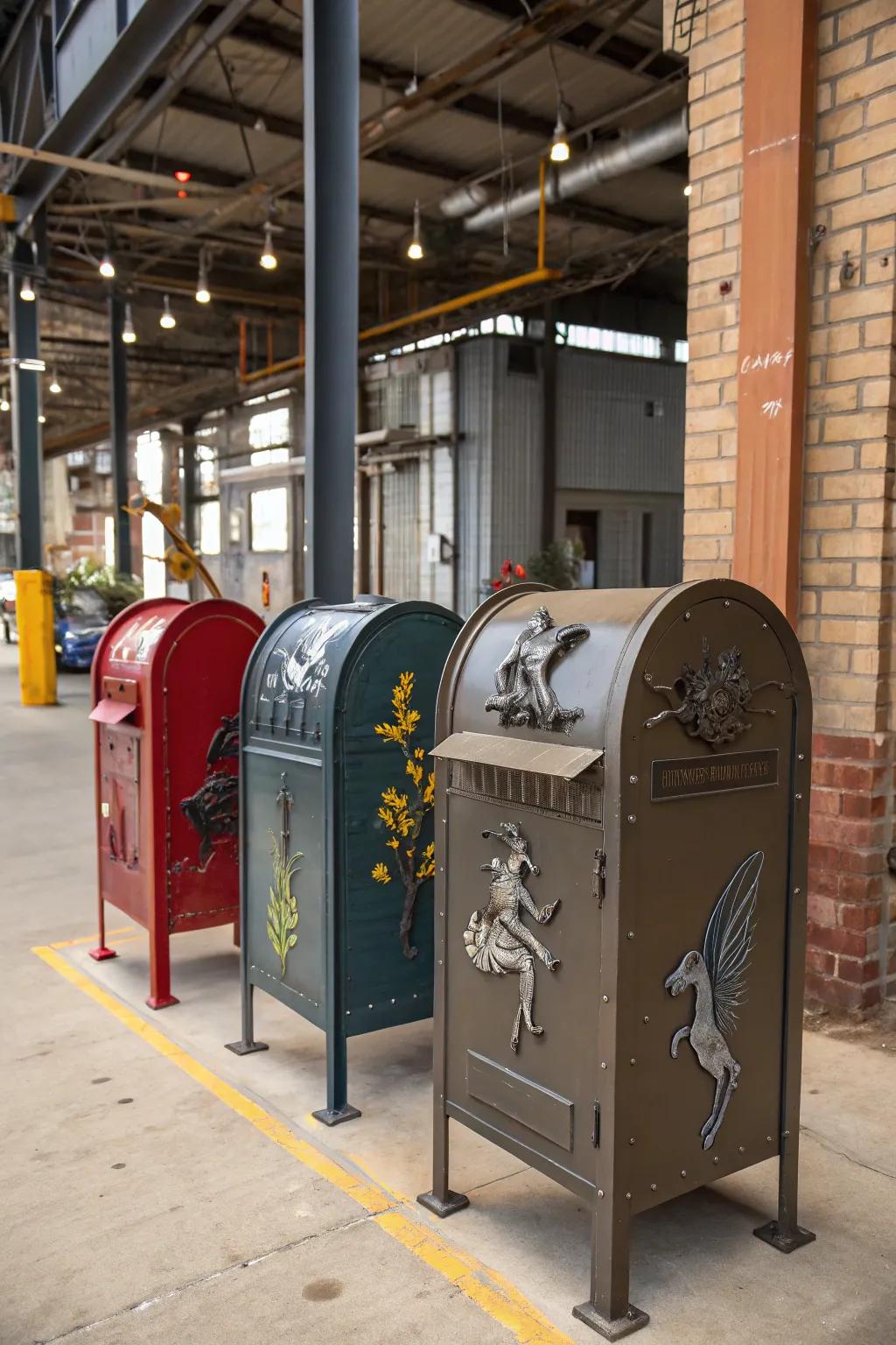 Industrial chic with recycled metal mailbox art.