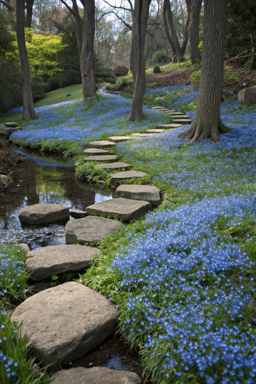 Blue Star Creeper fills gaps with delicate blooms and lush greenery.