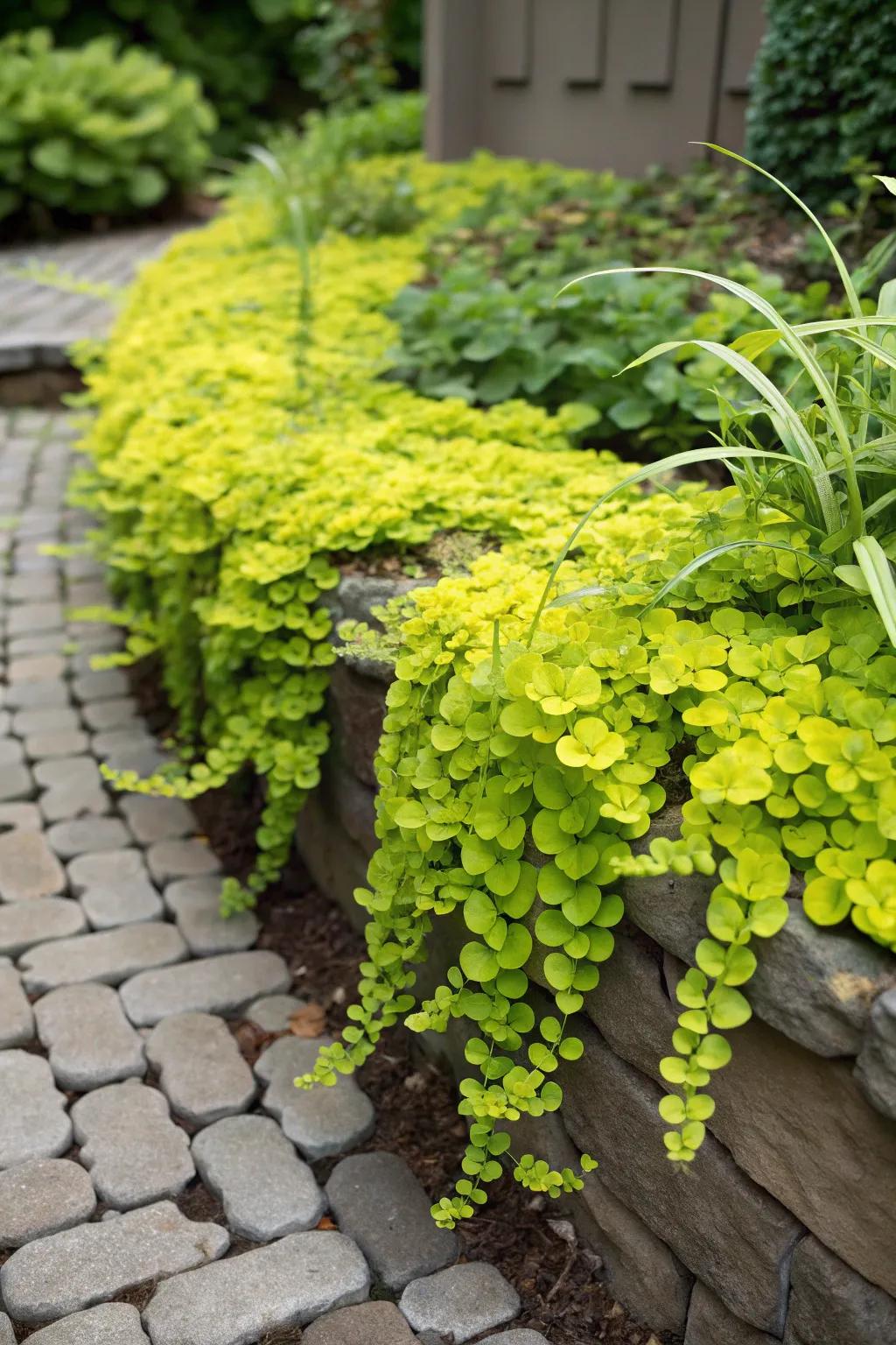 Creeping Jenny brightens up garden edges with its cheerful hue.