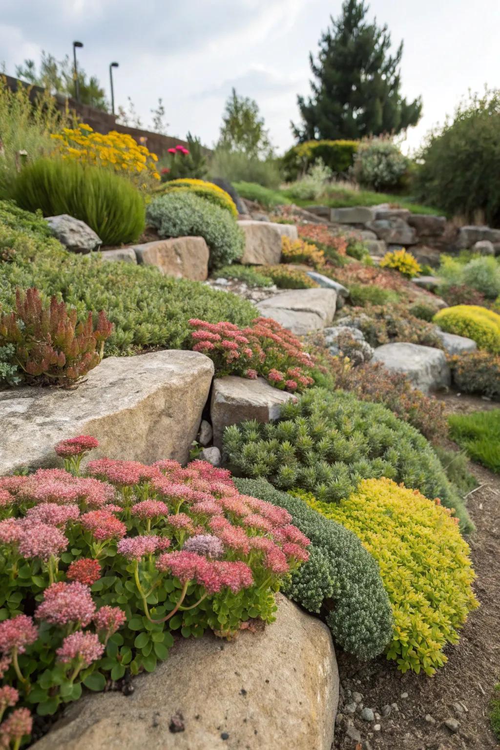 Sedum thrives in sunny spots, adding succulent charm to rock gardens.
