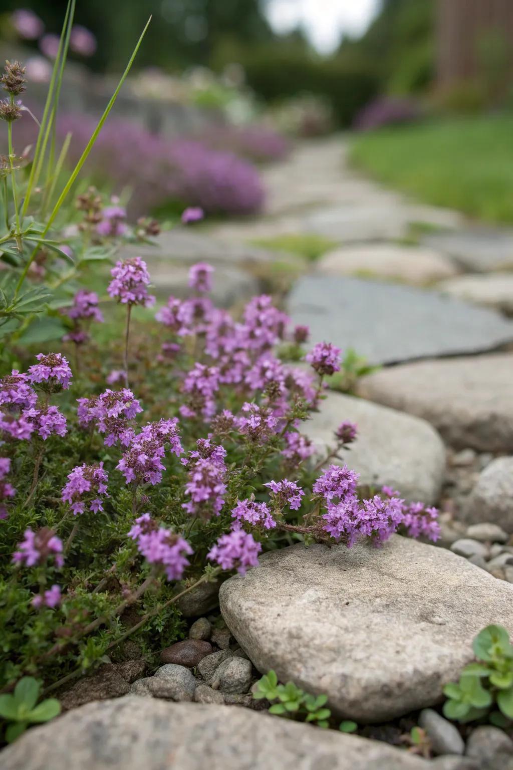 Creeping thyme adds fragrance and color to your garden path.