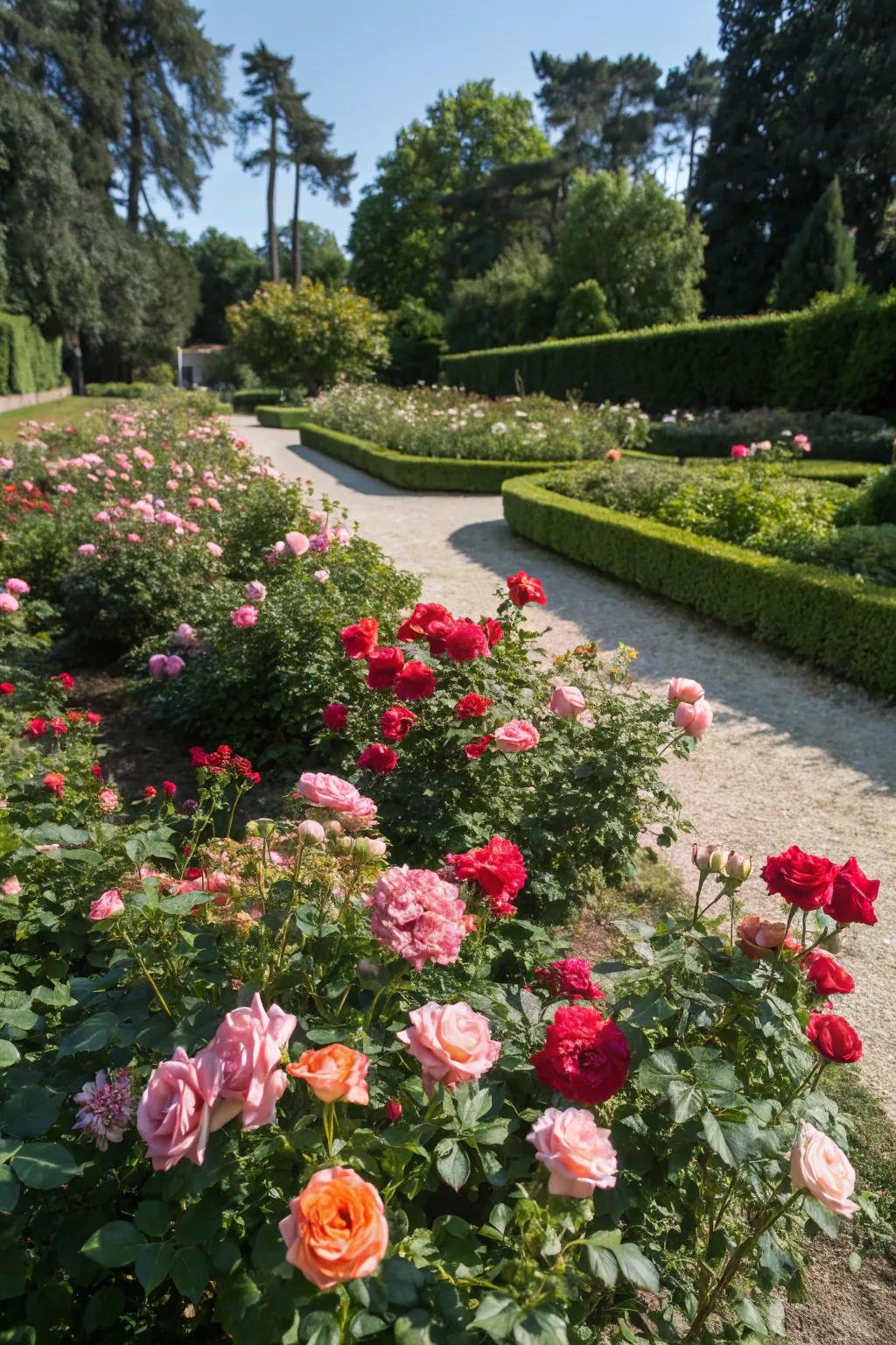 Ground cover roses offer a romantic touch with their continuous blooms.