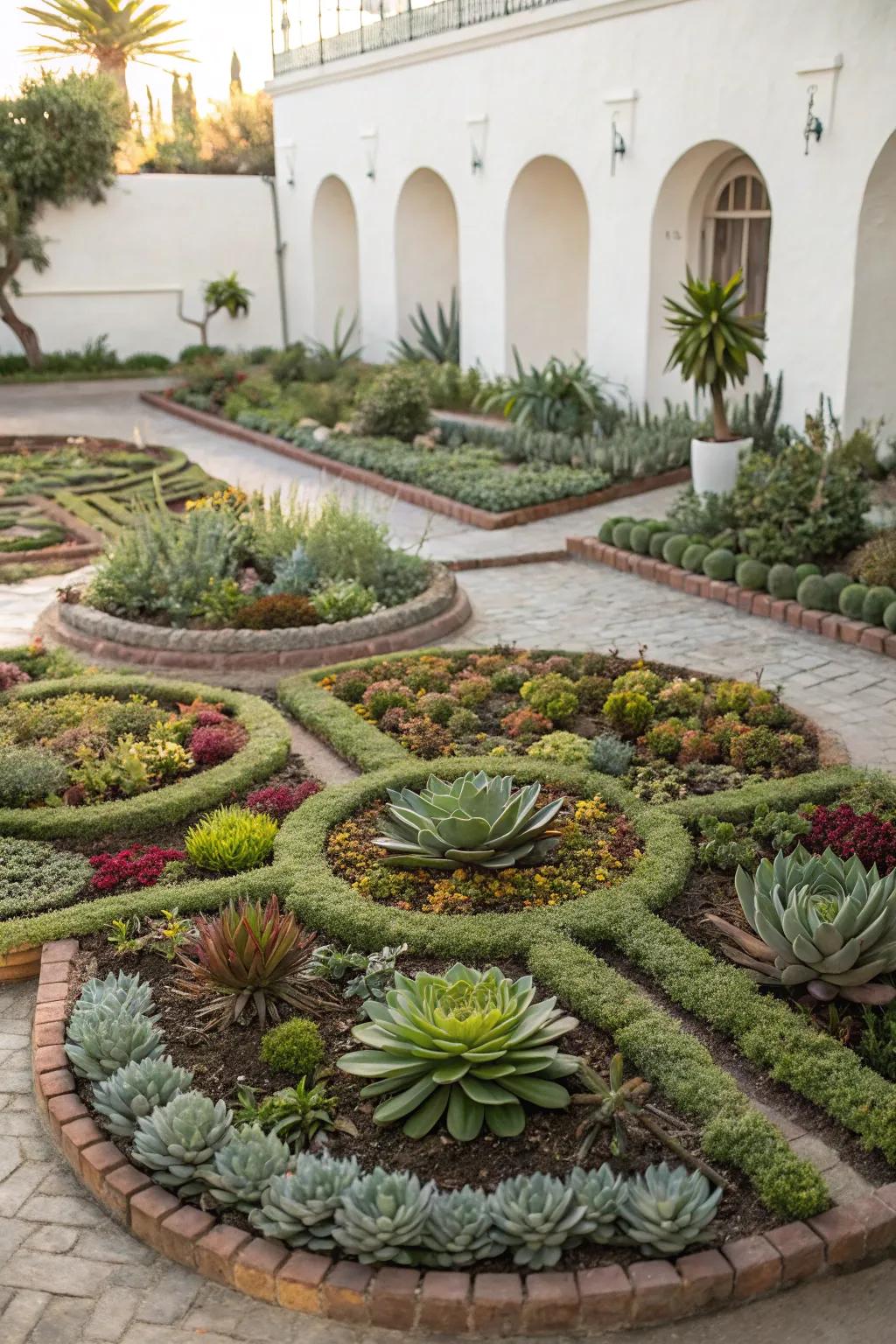 Artistic succulent arrangement creating a unique garden feature.