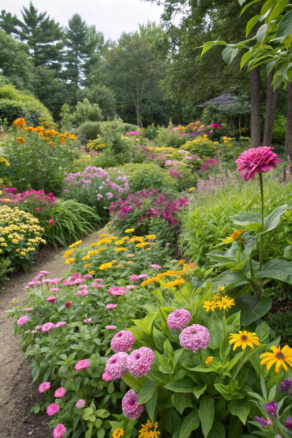 A lush garden filled with colorful flowers and greenery.