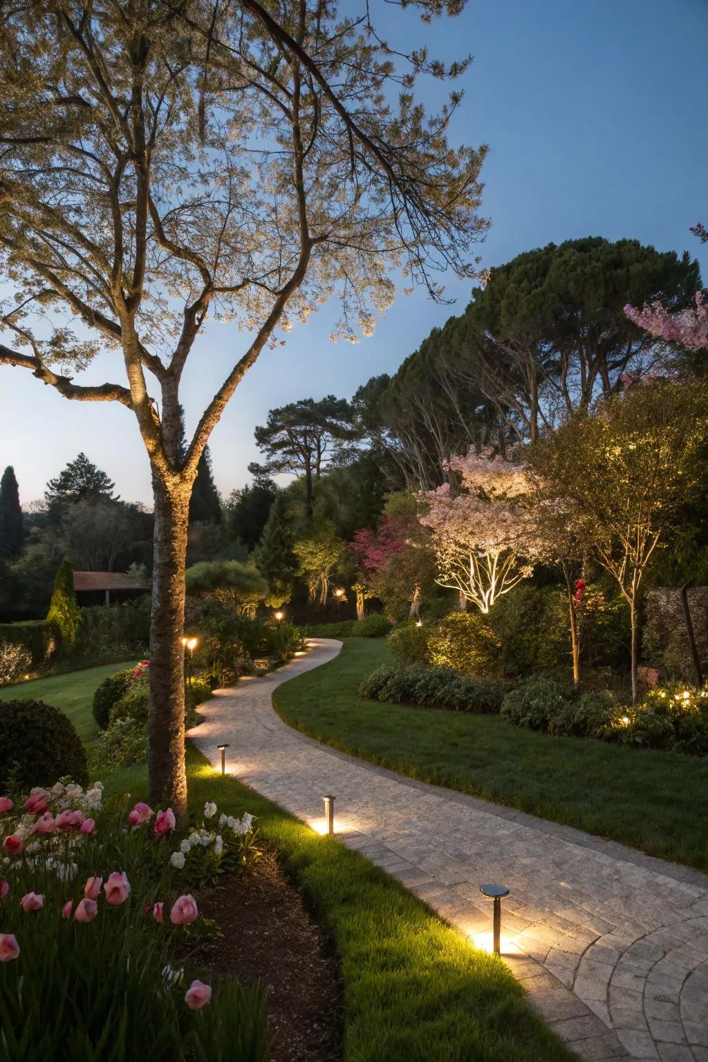 Creative lighting enhancing a garden's nighttime beauty.