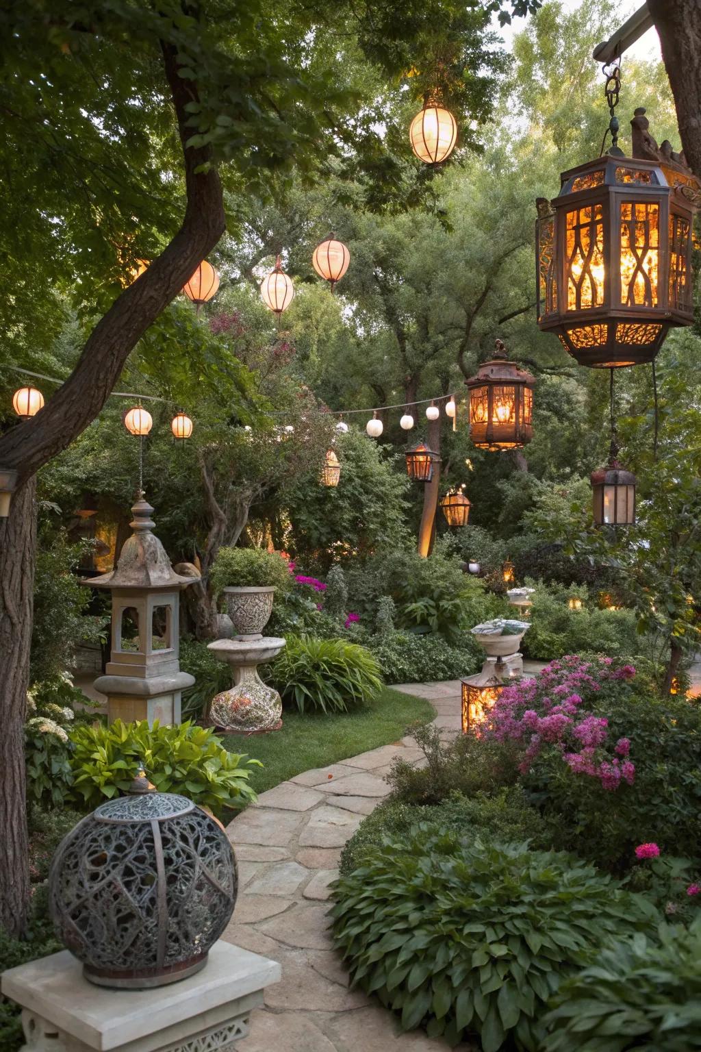 Whimsical garden ornaments enhancing a lush setting.