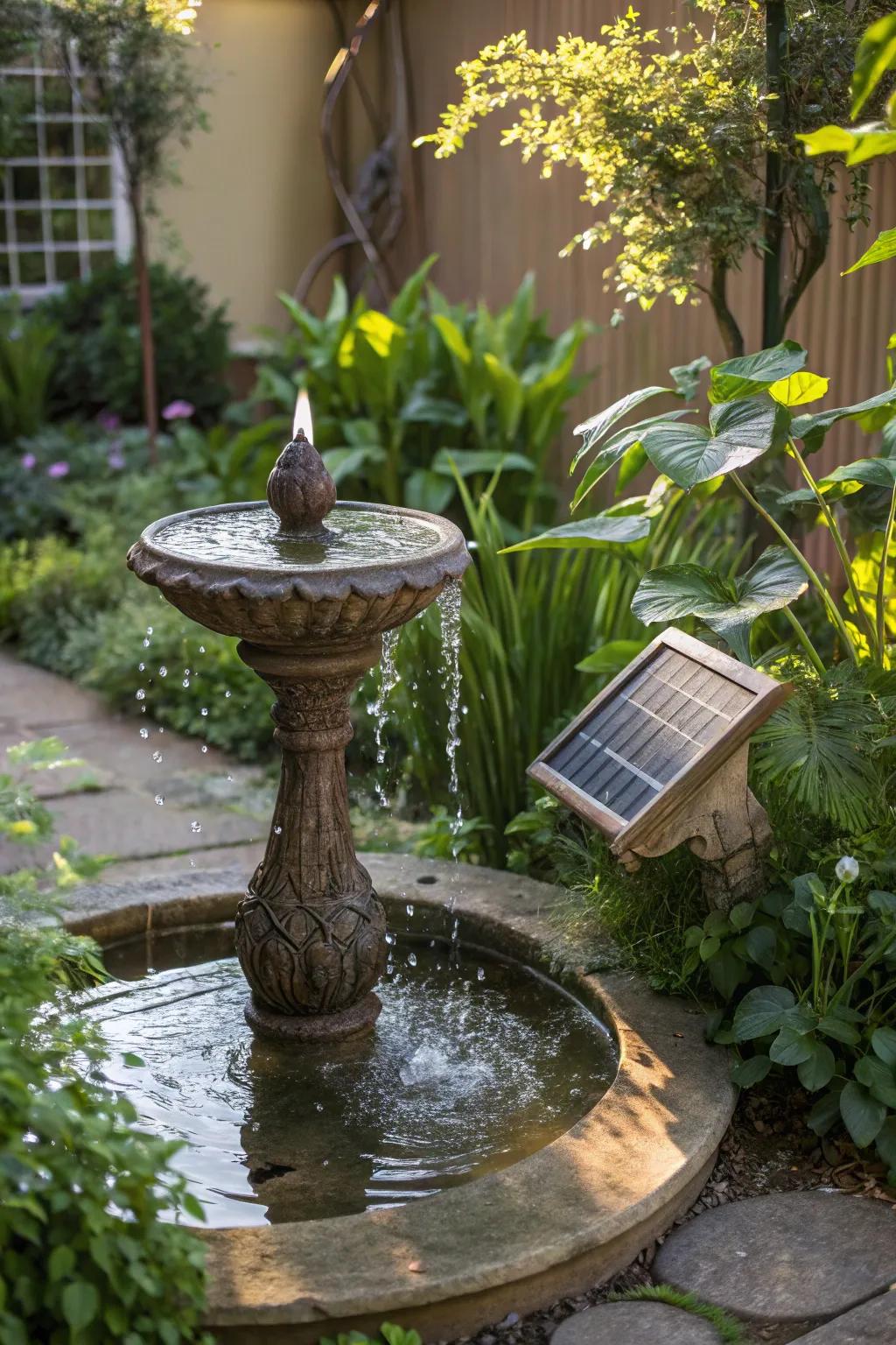 An eco-friendly solar-powered fountain in a lush garden.