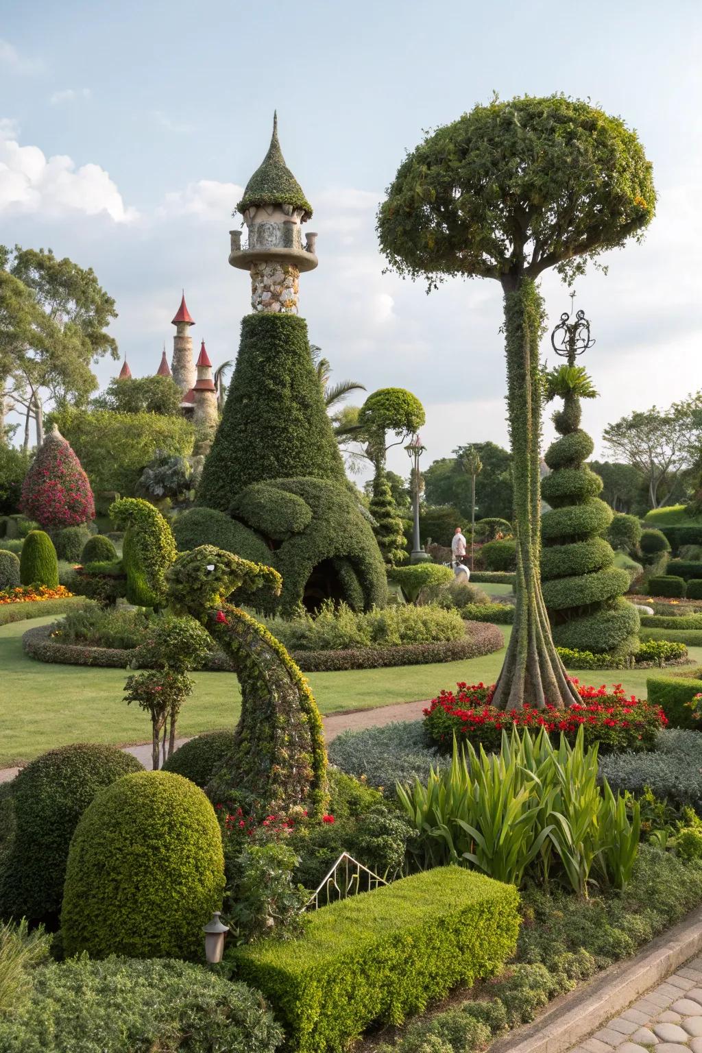 Whimsical plant sculptures adding charm to the garden.