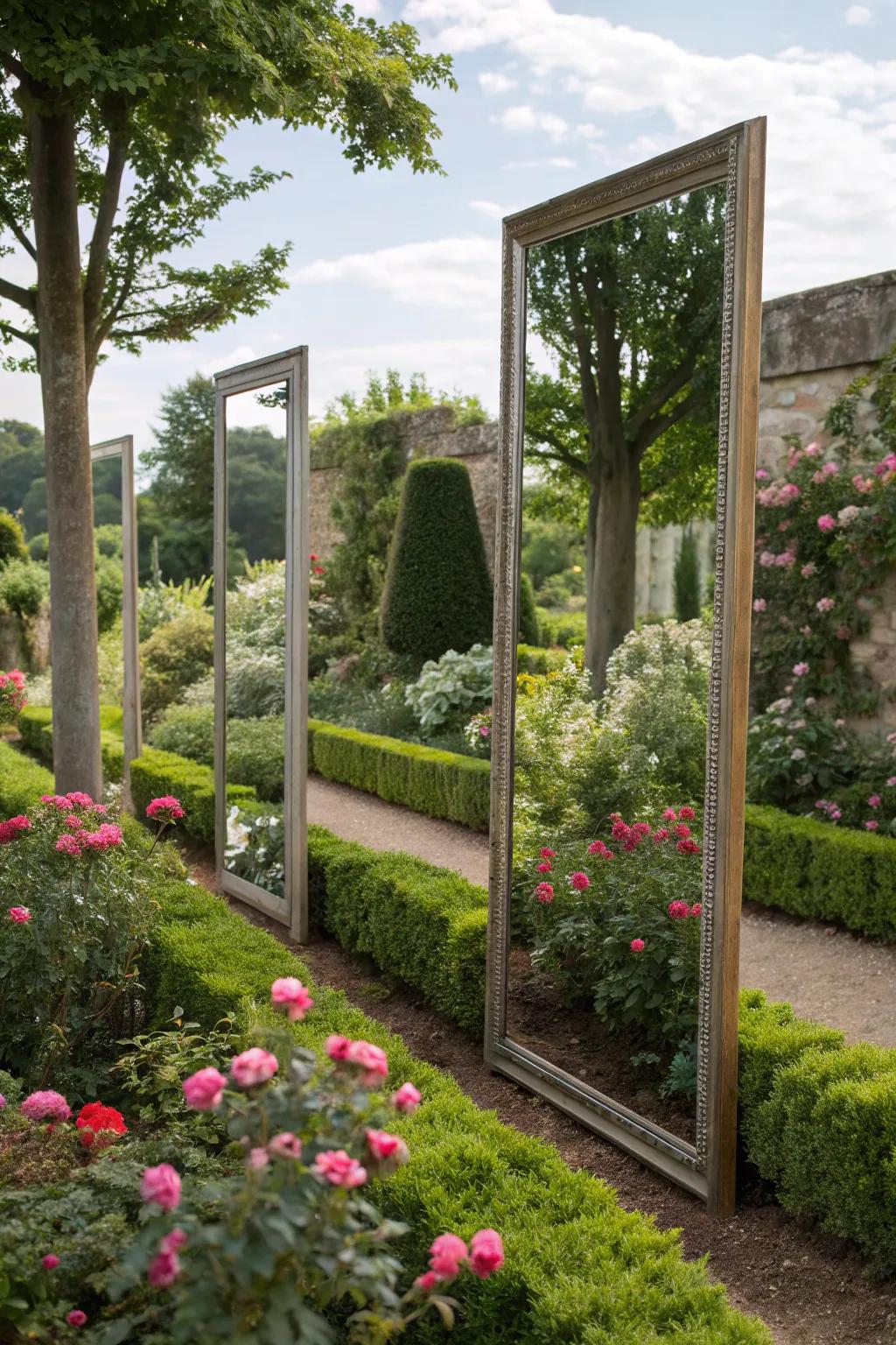 Mirrors creating an illusion of space in a lush garden.