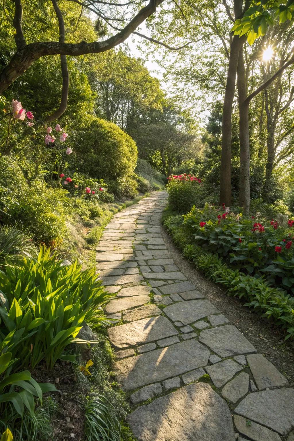 A beautiful stone pathway leading through a vibrant garden.