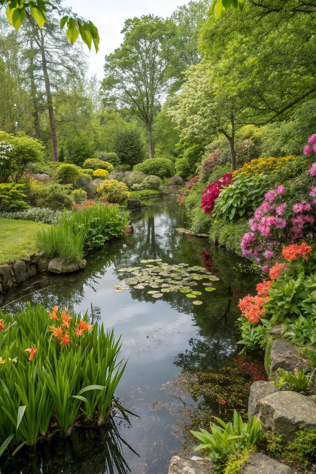 A tranquil garden pond nestled among vibrant plants.