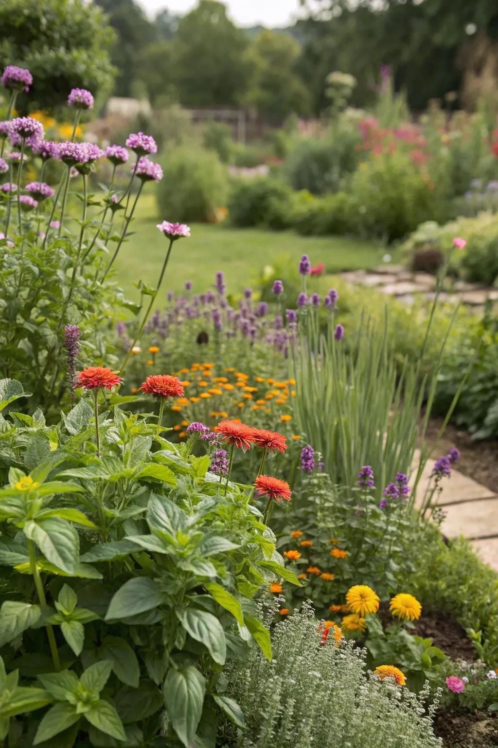A harmonious garden combining ornamental and edible plants.
