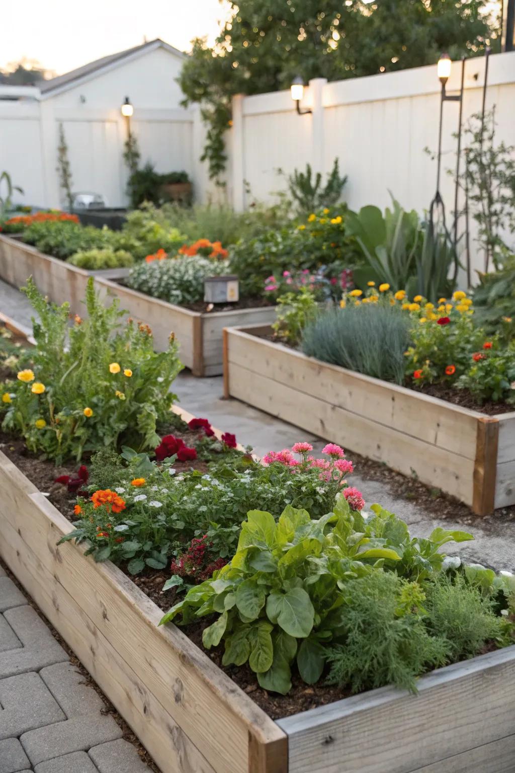 Organized raised garden beds with diverse plantings.