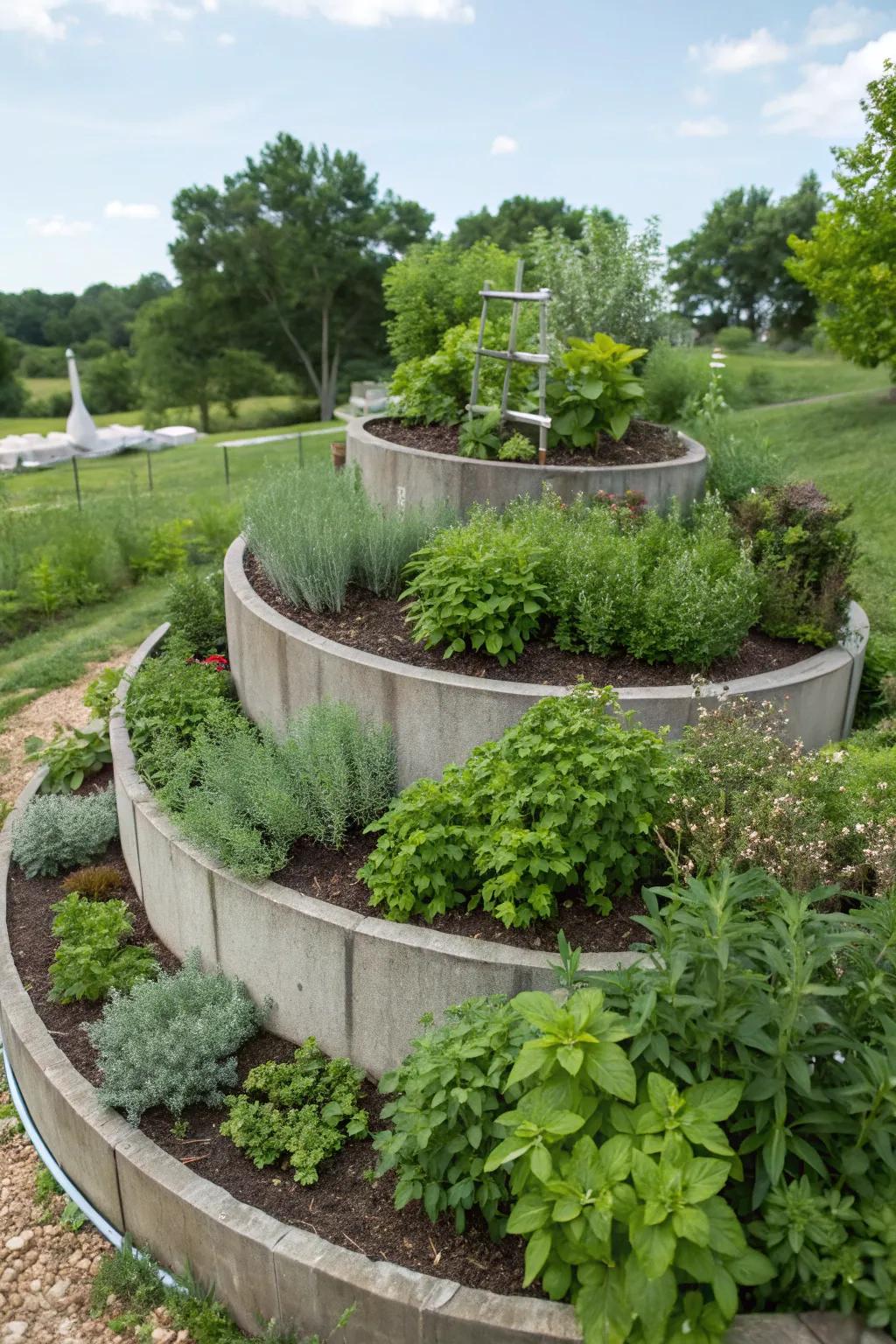 An efficient herb spiral maximizing garden space.
