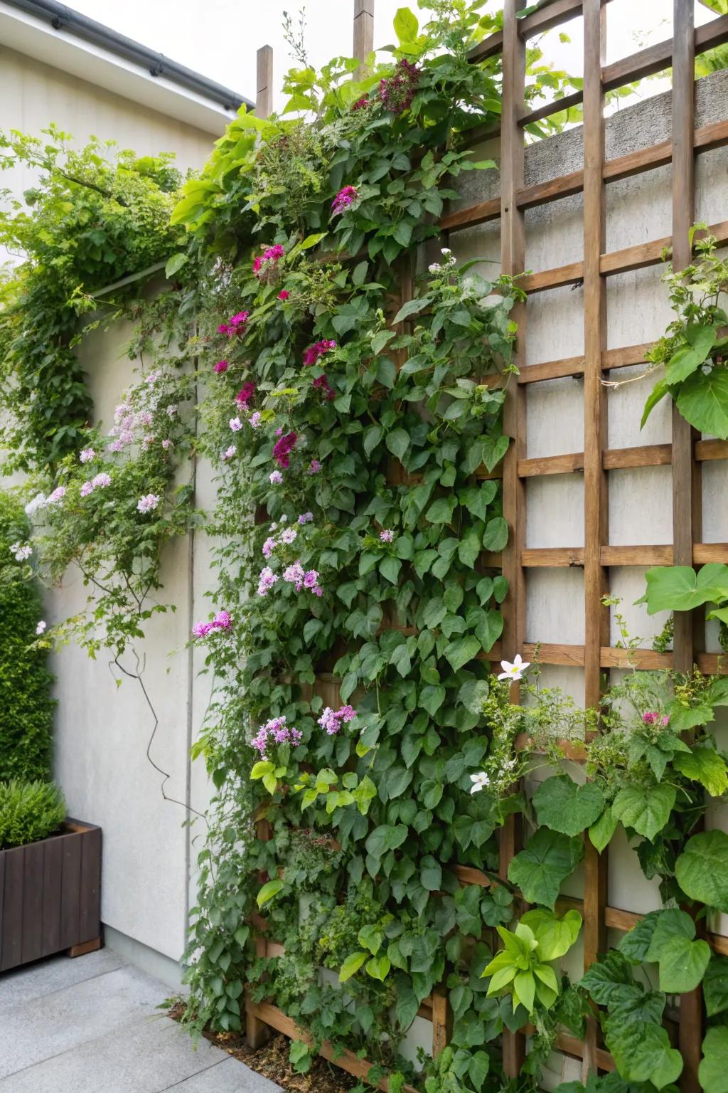 A stunning vertical green wall with lush climbing plants.