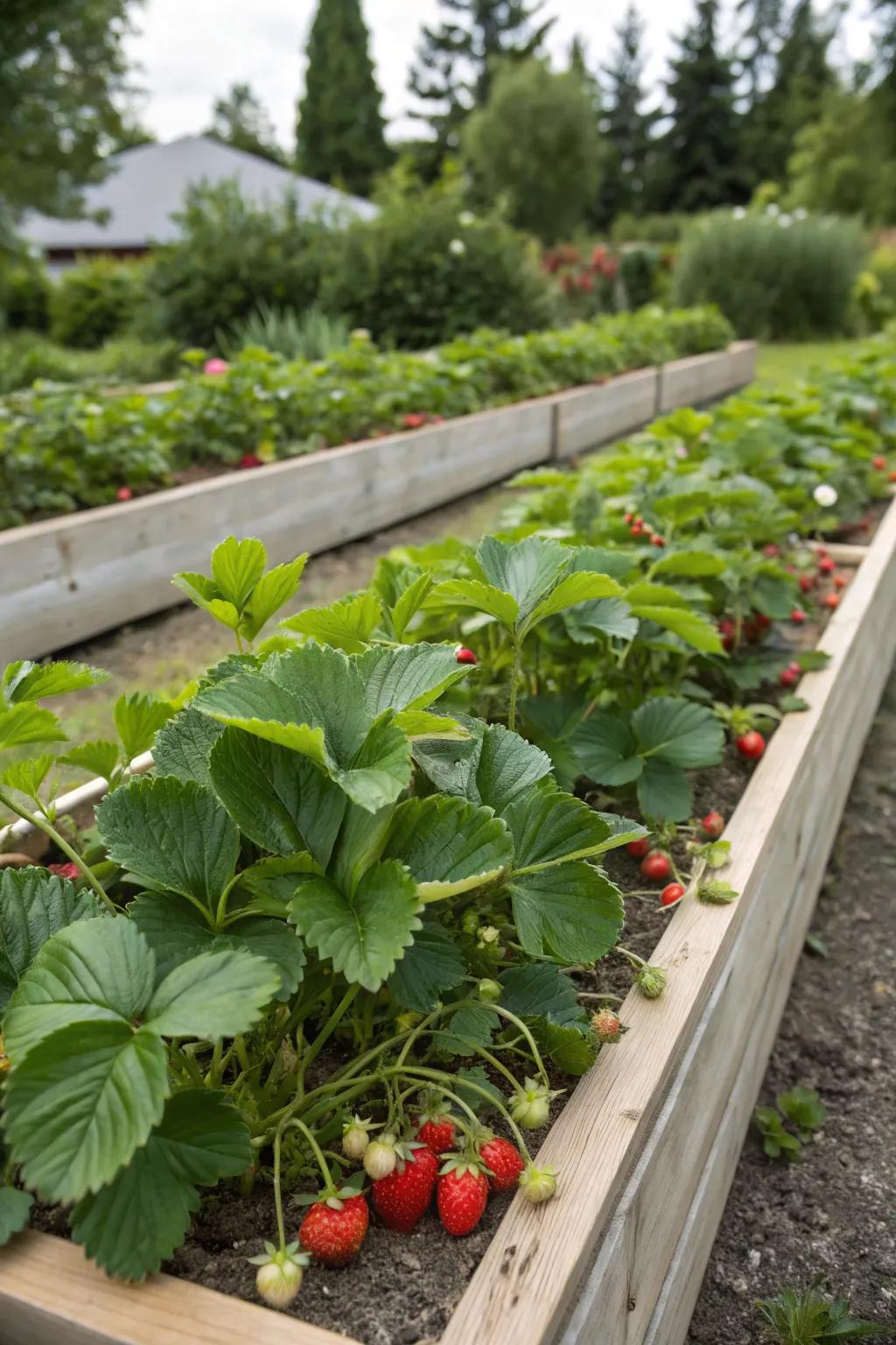 Classic raised beds filled with vibrant strawberry plants.
