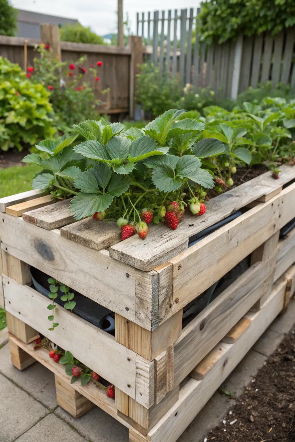 A pallet table cleverly used as a strawberry planter.