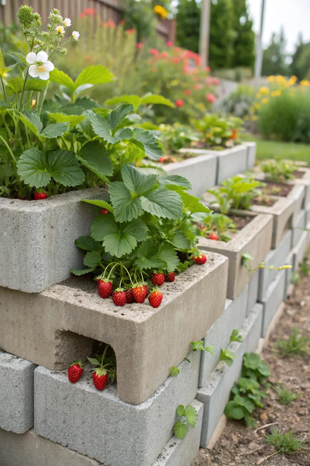 Cinder block garden beds filled with thriving strawberries.