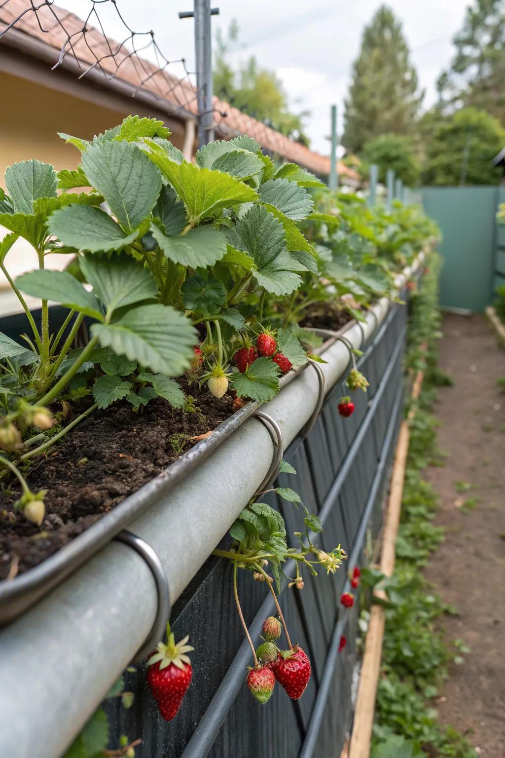 Innovative gutter gardens hanging on a fence.