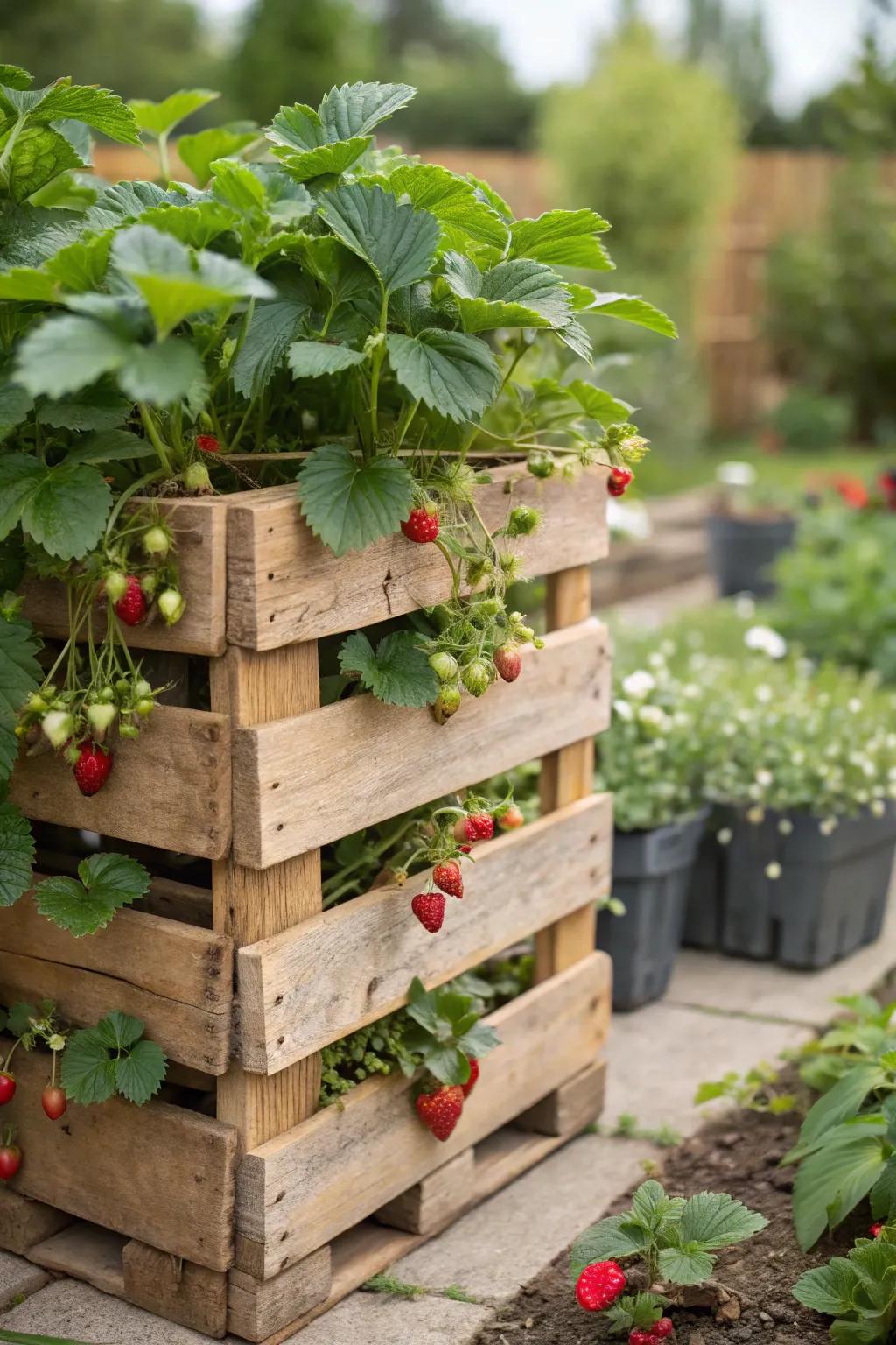 Charming pallet planters filled with thriving strawberries.