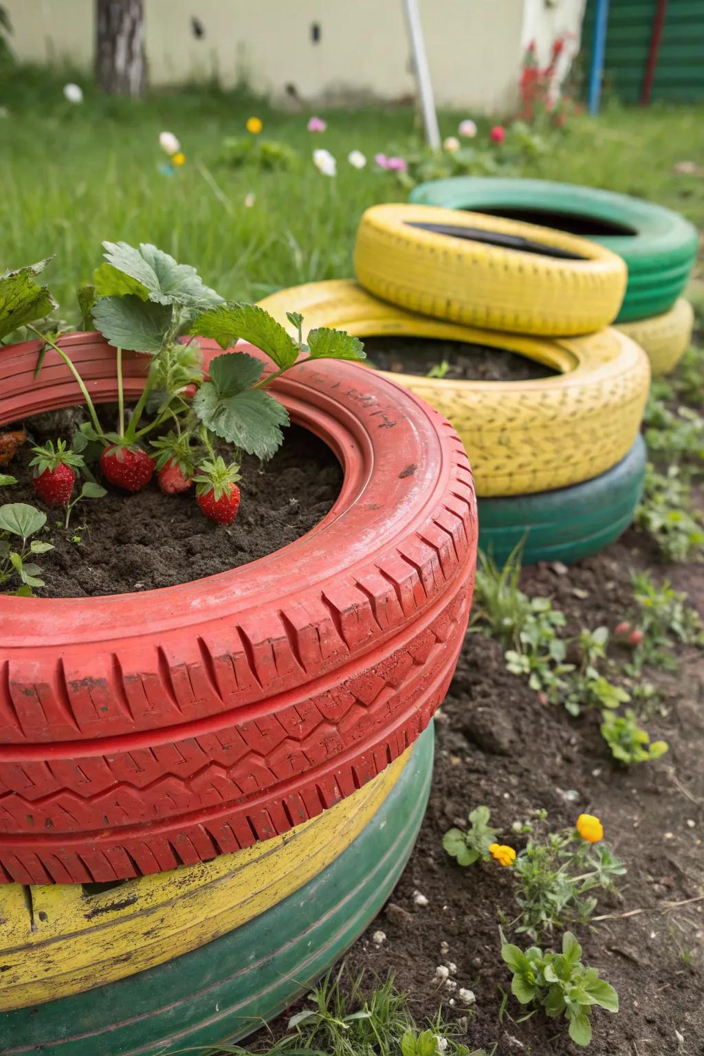 Repurposed tires creatively used for growing strawberries.