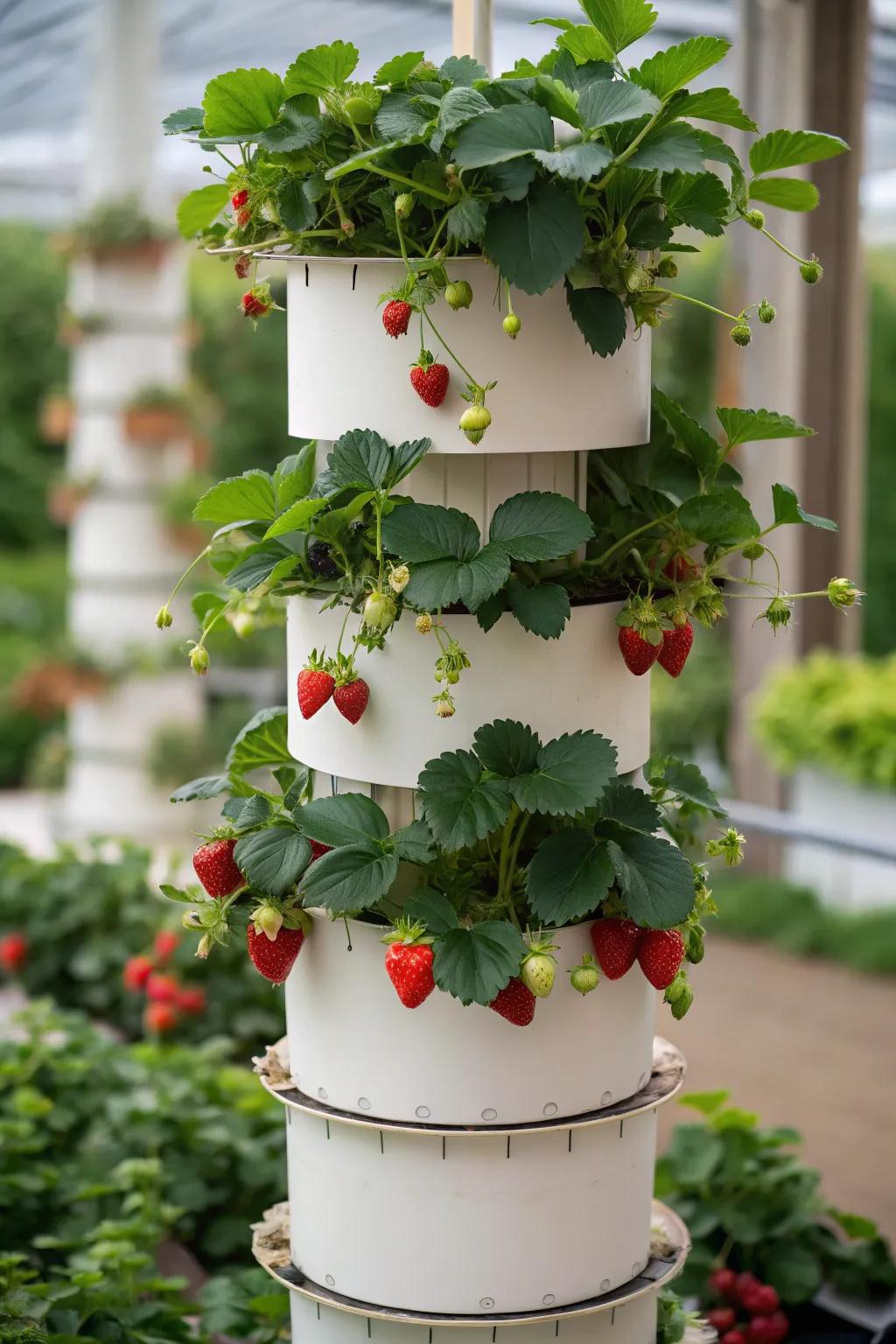 A tall strawberry tower offering a modern take on vertical gardening.