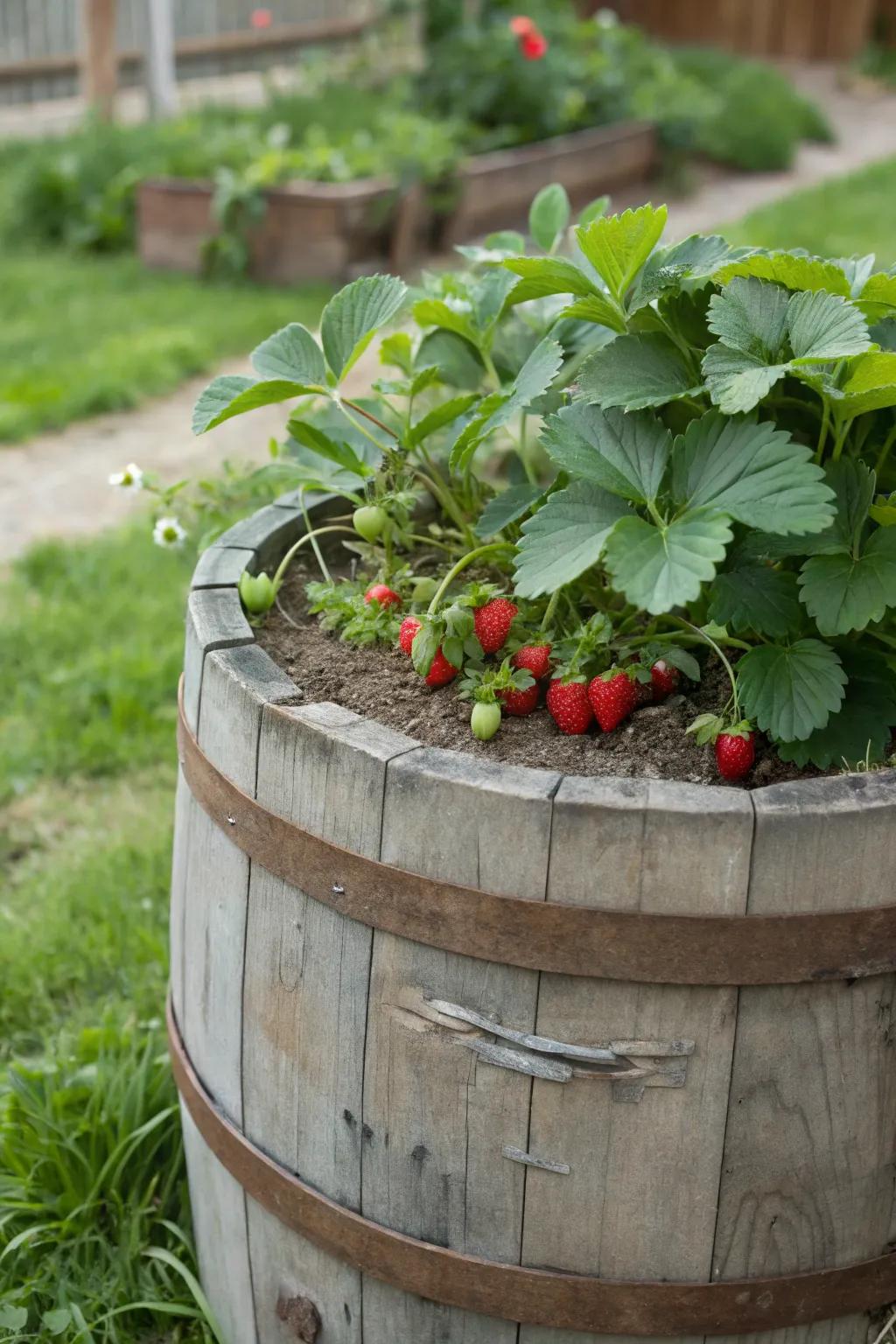 A rustic barrel repurposed for growing strawberries.