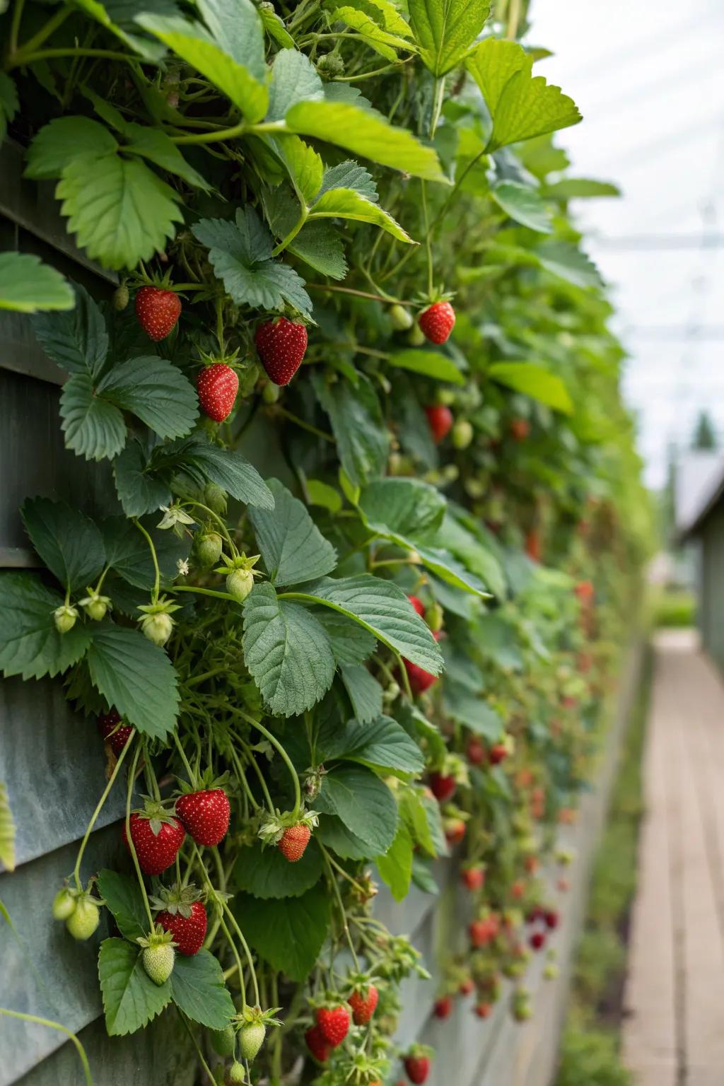 A vertical strawberry wall garden adding charm to any space.