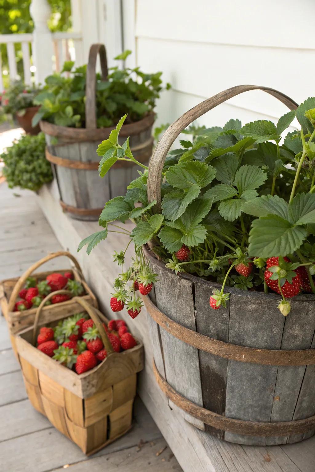 Charming basket planters filled with strawberries.