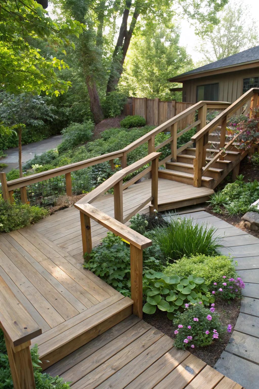 A deck with a ramp and stairs showcasing a natural wood finish.