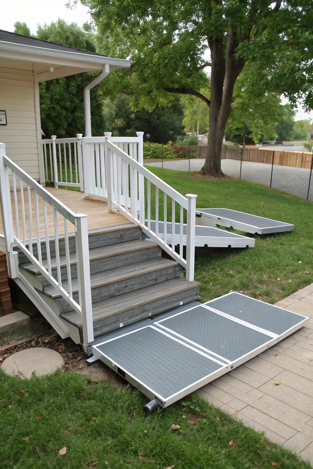A versatile deck with modular elements, including a ramp and stairs.