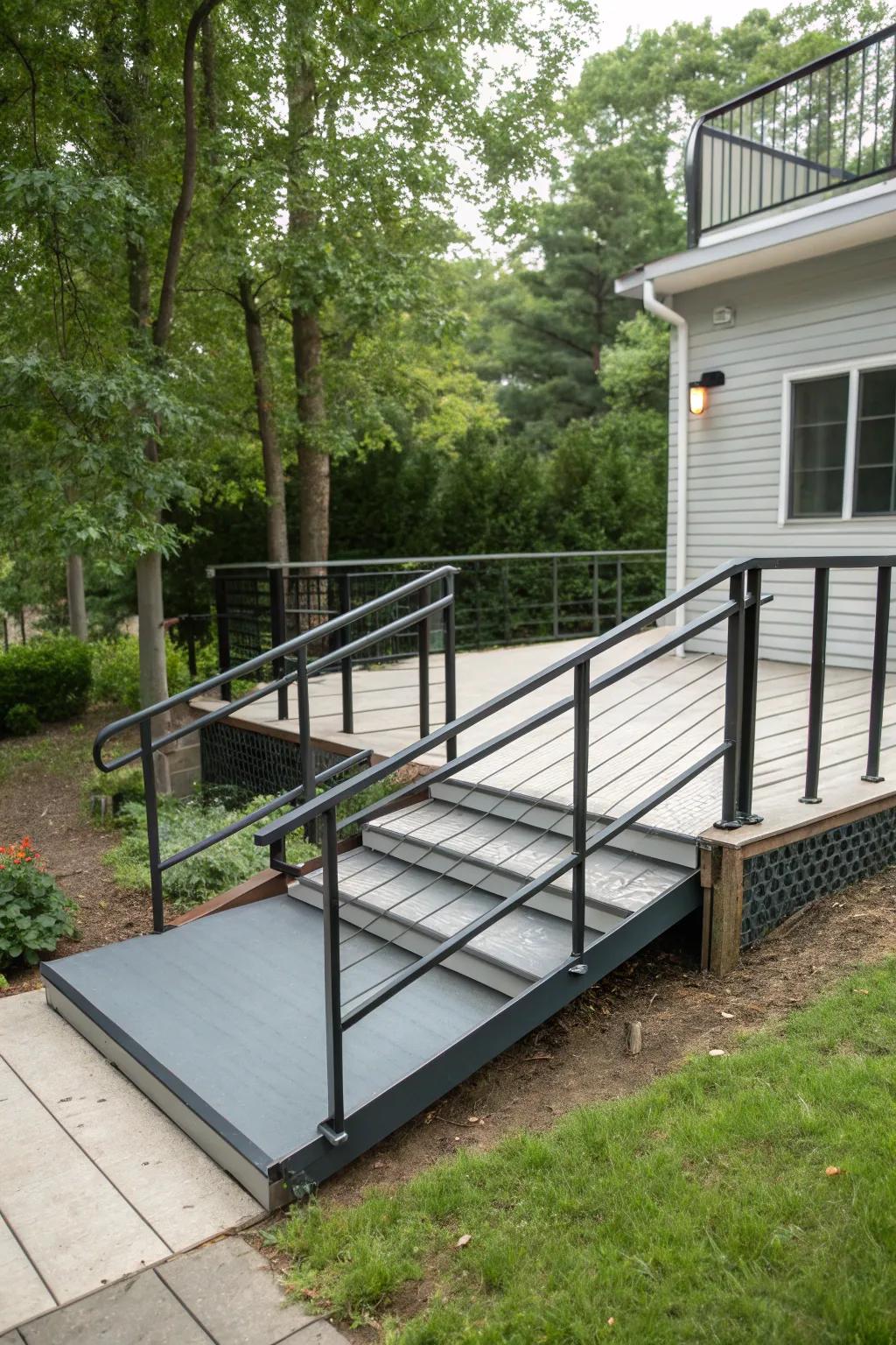 A modern deck with sleek metal railings on the ramp and stairs.
