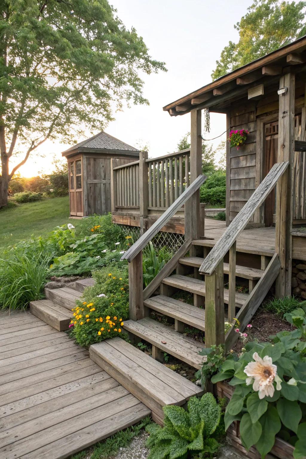 An eco-friendly deck using reclaimed wood for the ramp and stairs.