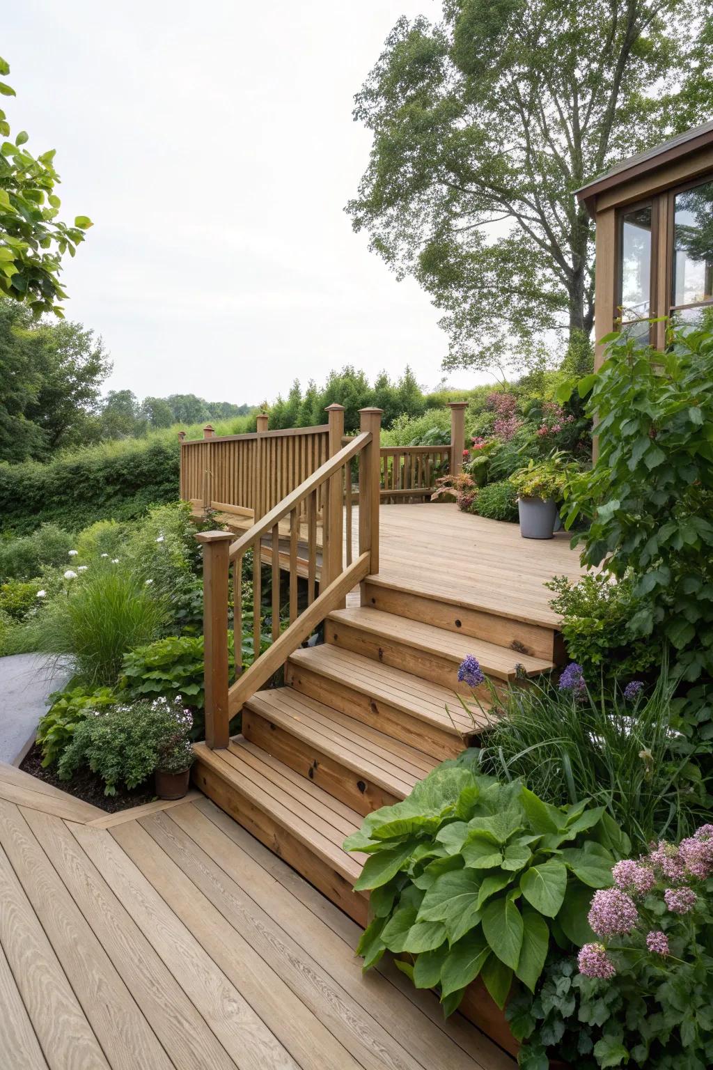A wooden deck with a ramp and stairs, merging with the lush garden.