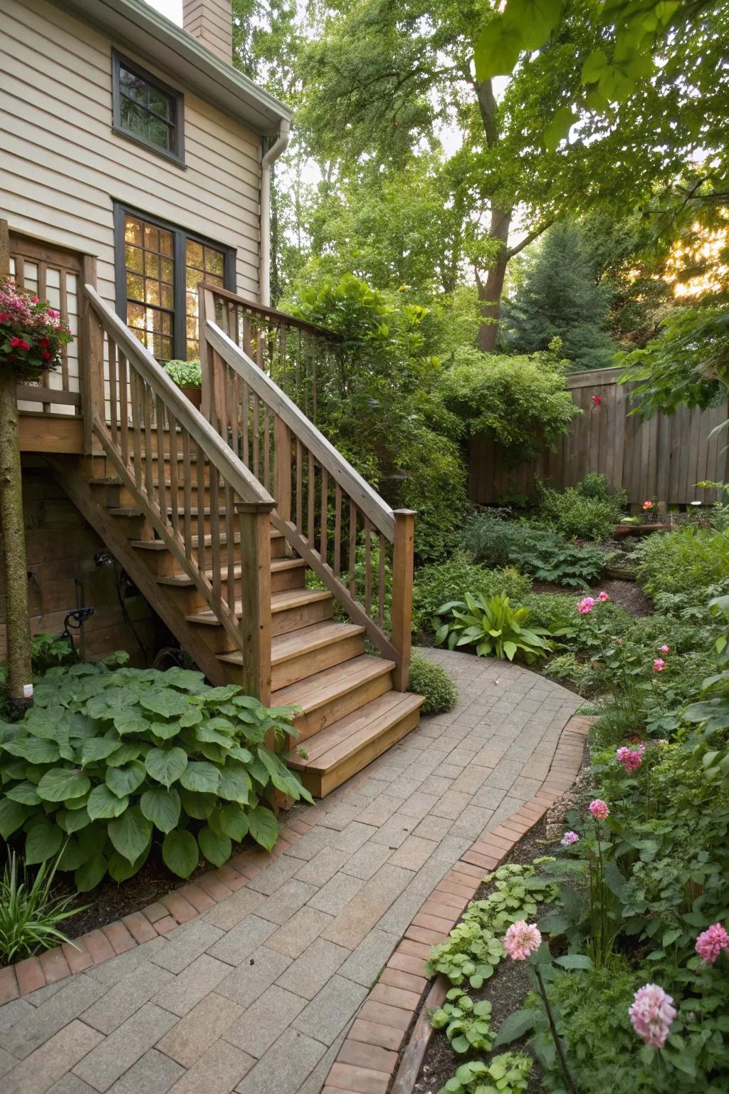 A compact corner deck with a functional ramp and stairs.