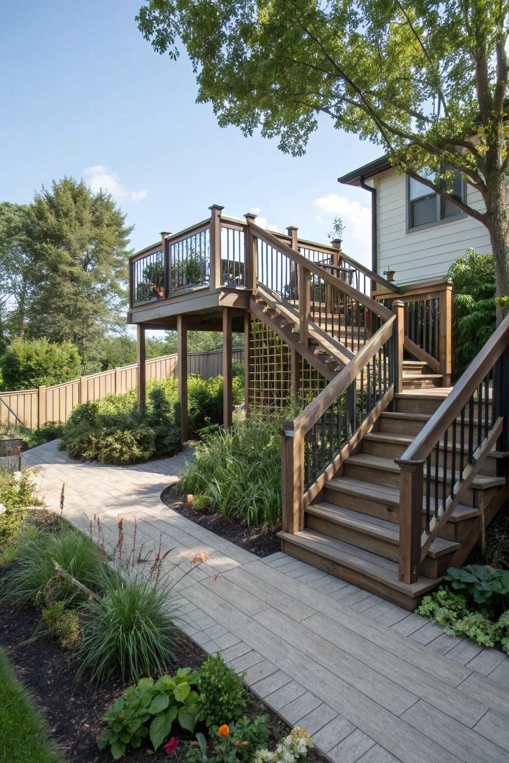 A tiered deck design with multiple levels connected by a ramp and stairs.