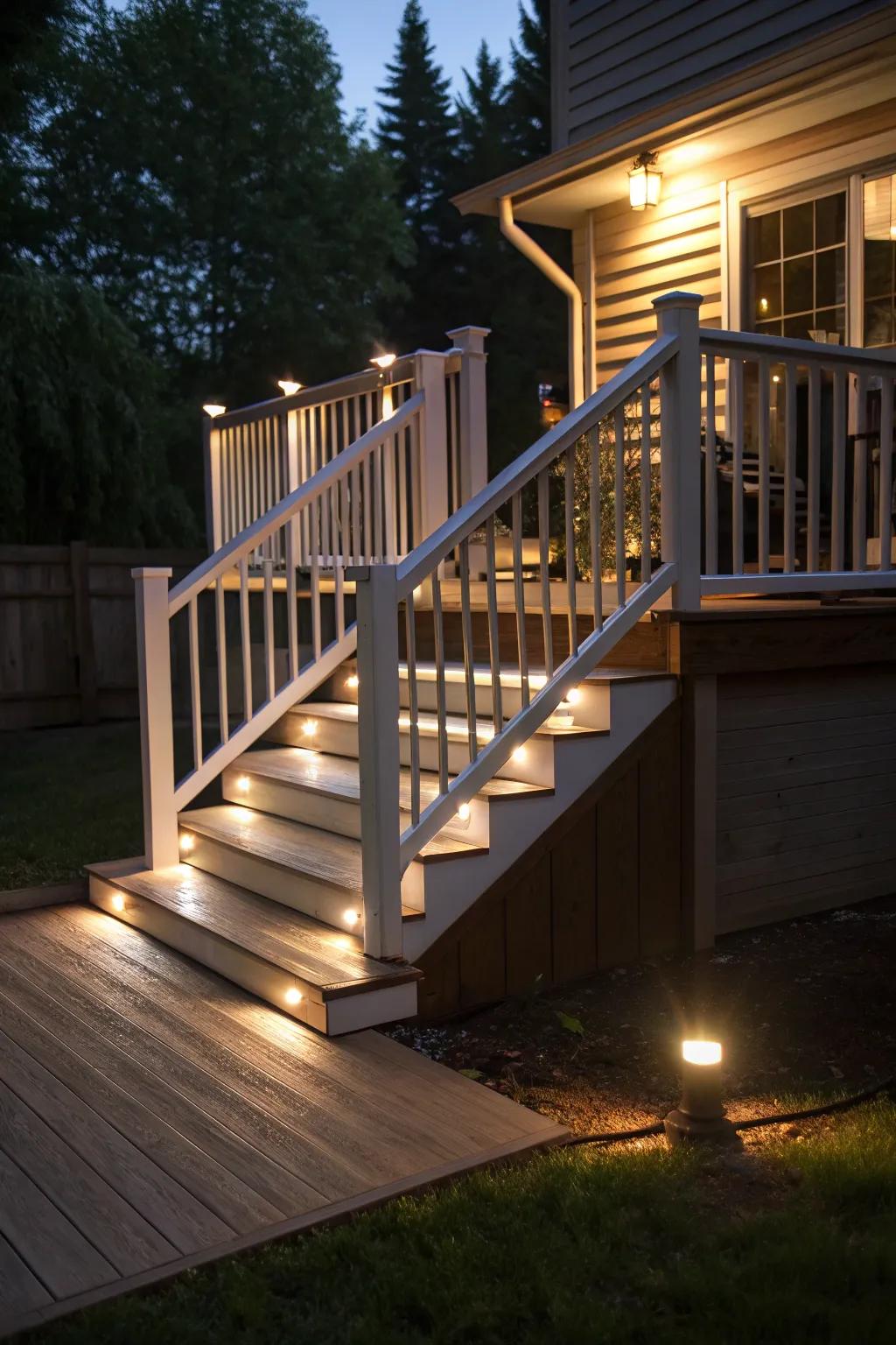 A deck with discreet lighting beneath the ramp for a soft glow.