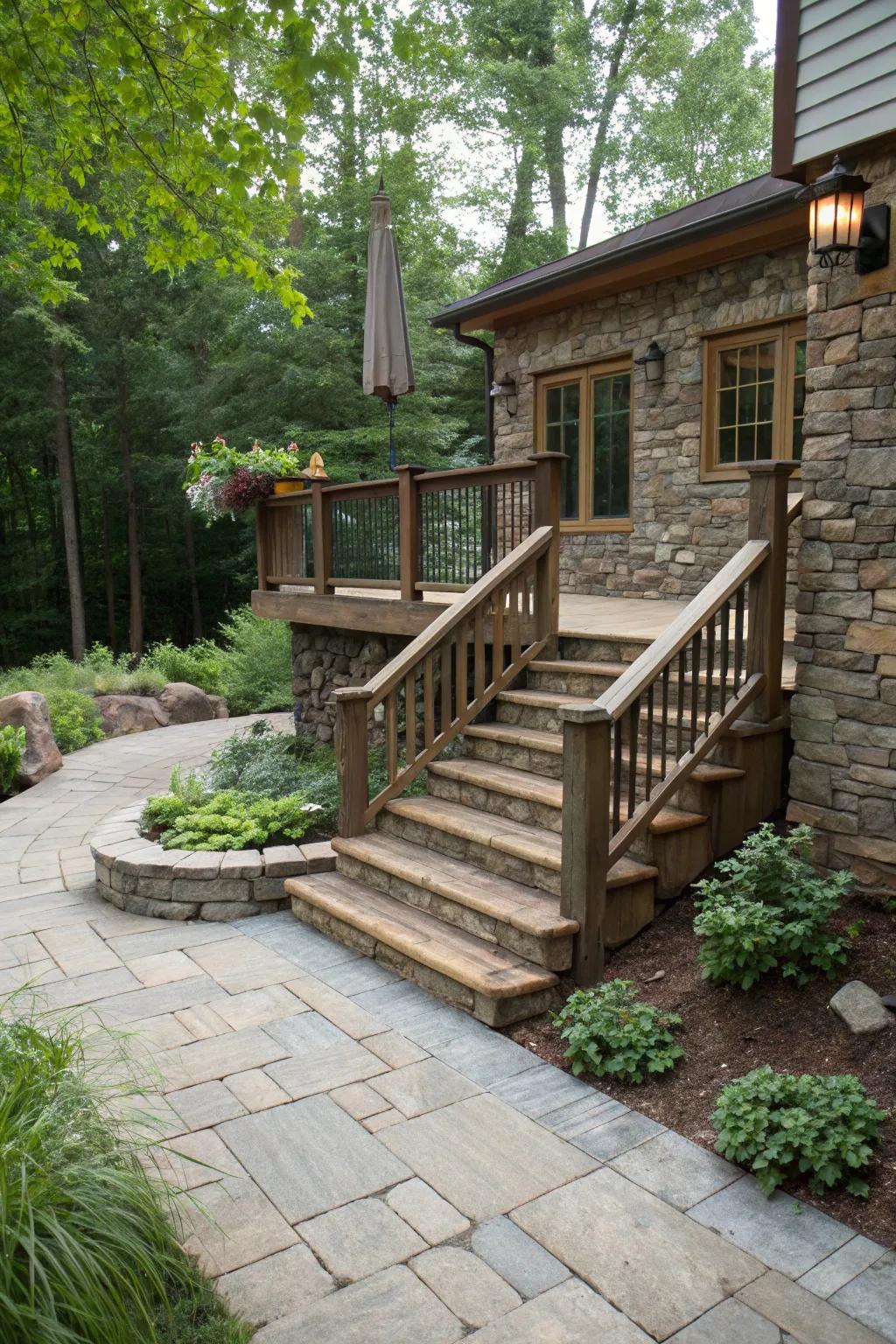 A deck with a ramp and stairs enhanced by rustic stone elements.