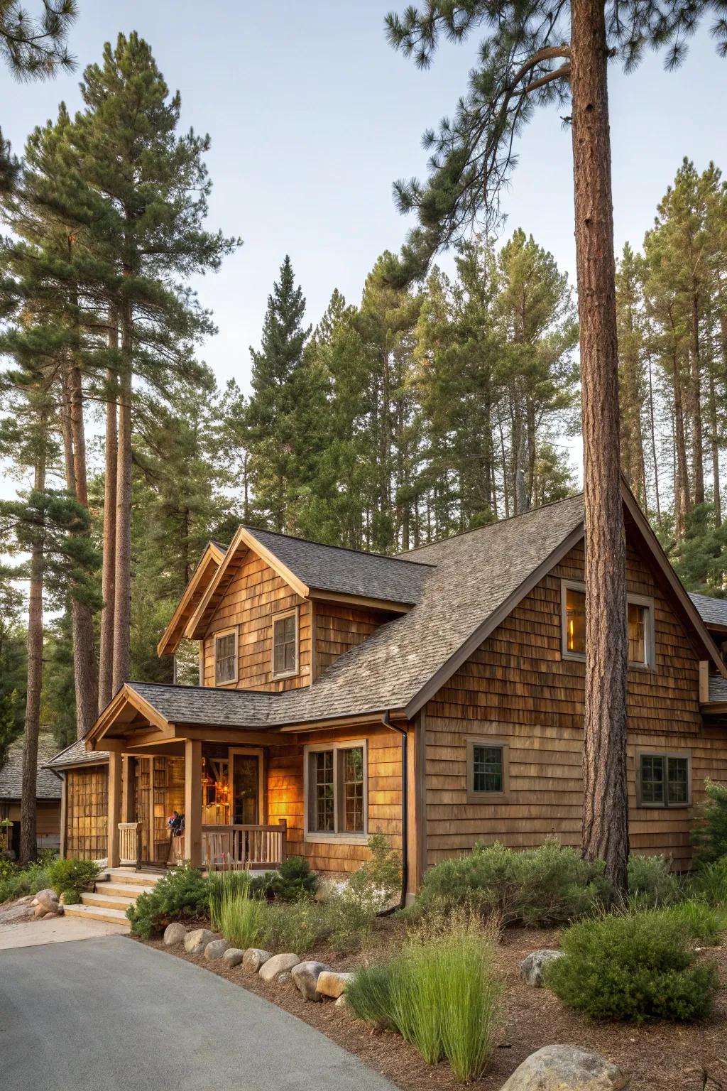 A rustic home with natural wood shake siding nestled among tall pine trees.