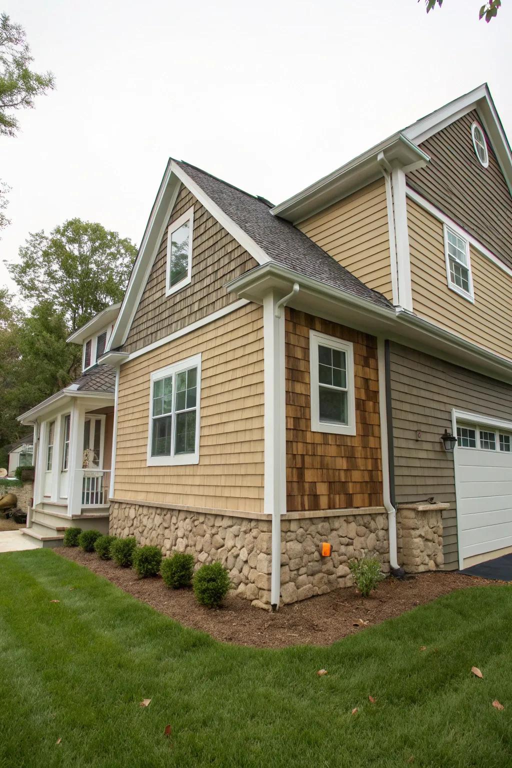 A house featuring an accent wall with shake siding, creating a visual focal point.